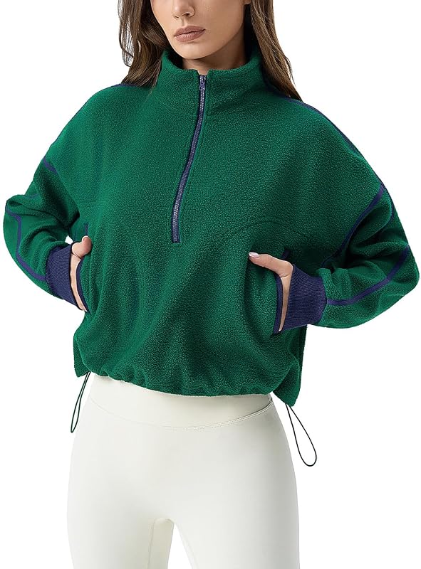 Women's Half Zip Fleece Short Pullover Sweatshirt Winter Long Sleeve Cozy Sherpa Sweater Top