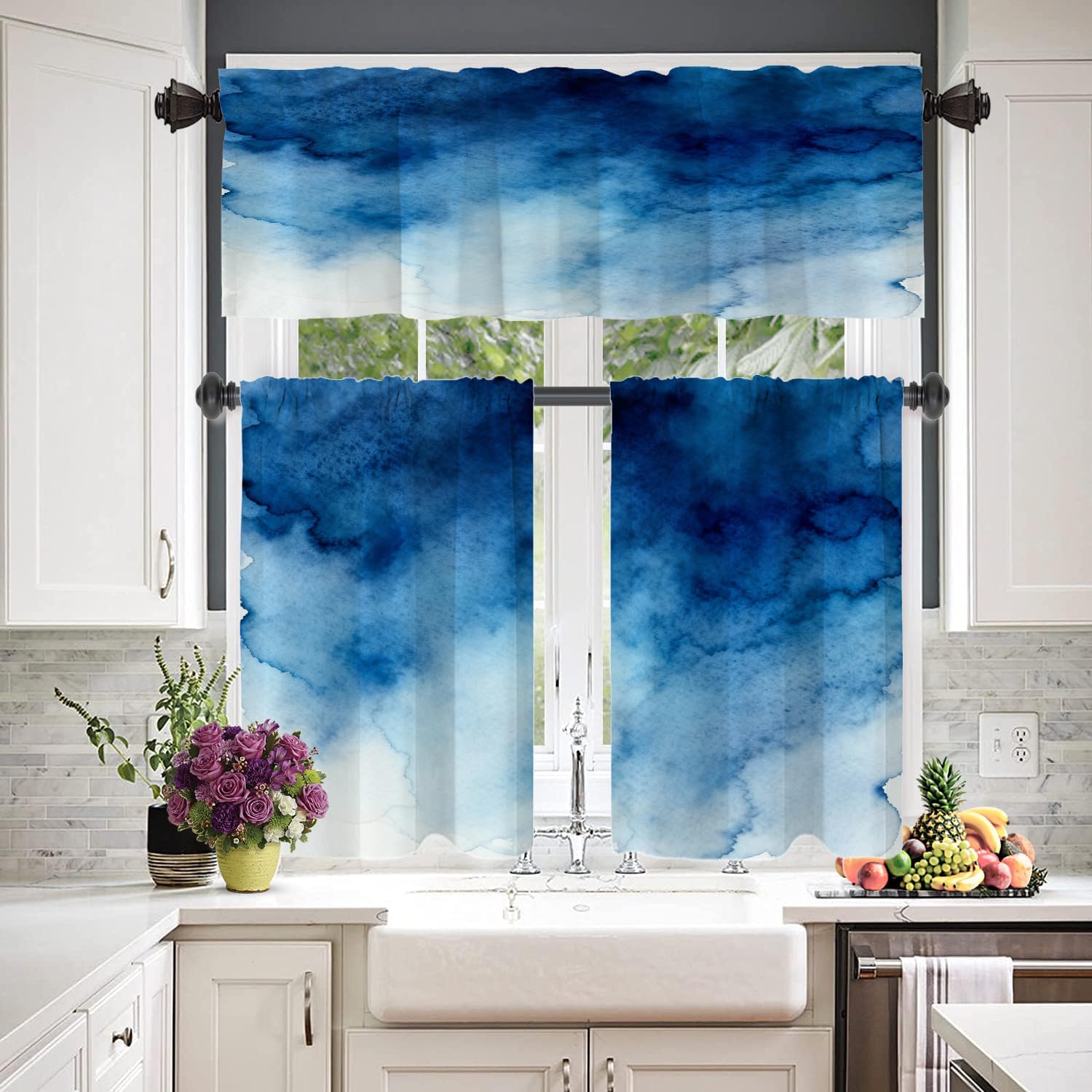Blue Bright Cafe Curtains 36 Inch Length, Blue Ombre Watercolor Blackout Tier Curtain Multilayer Polyester Short Kitchen Drapes 2 Pack 36X26 Inches