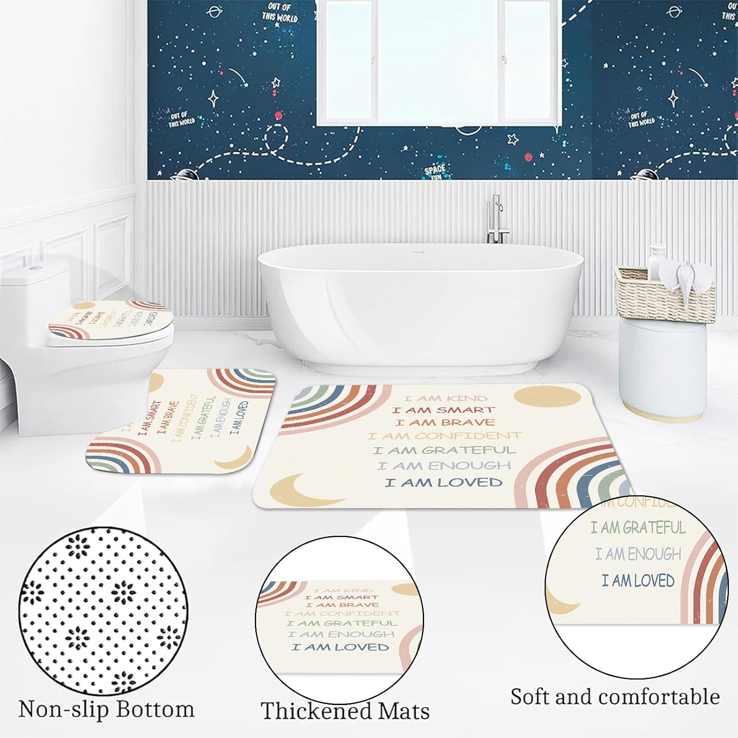 4 Pcs Kids Shower Curtain Sets, Inspirational Quotes Rainbow Bathroom Sets with Non-Slip Rugs and Accessories, Abstract Boho Teen Fabric Toilet Lid Cover and Bath Mat, Shower Curtain with 12 Hooks.