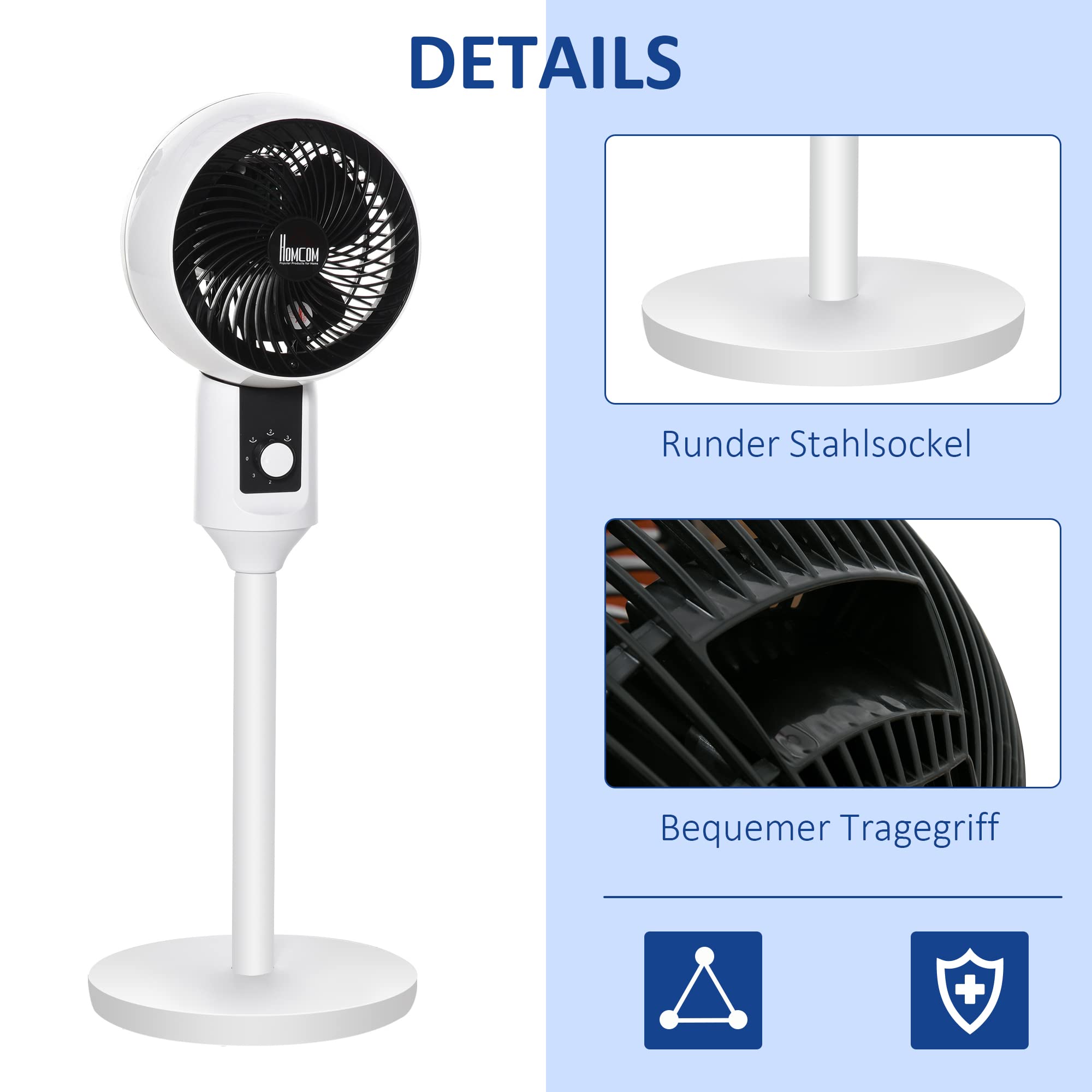HOMCOM Ventilatore A Piantana 3 Velocità | Oscillante 80°, Altezza Regolabile 90-120 Cm | Bianco