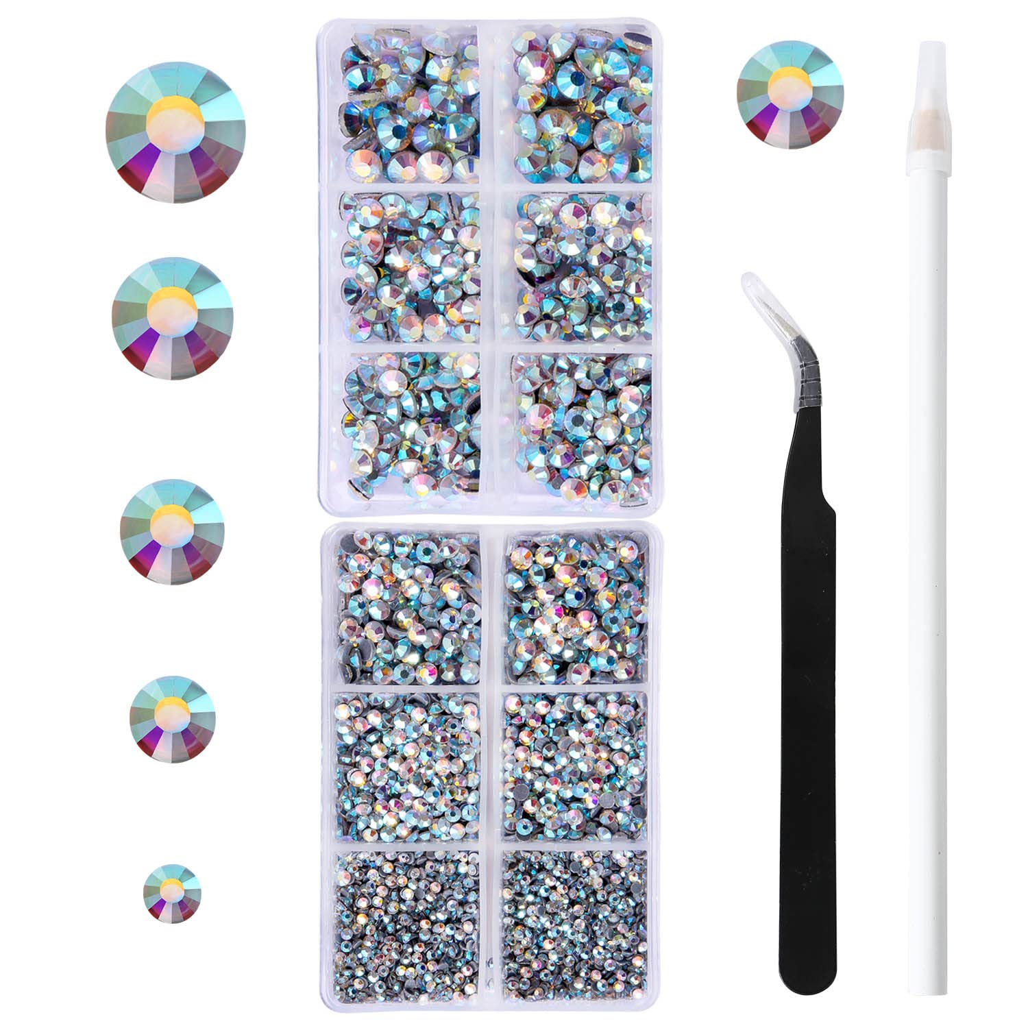 6796PCS Crystal Ab Hotfix Rhinestones Crystal Stones Glass for Fabric Clothes Shirts Sparkly Flat Back Round with Tweezers and Picking Pen (SS6~SS30 Set)