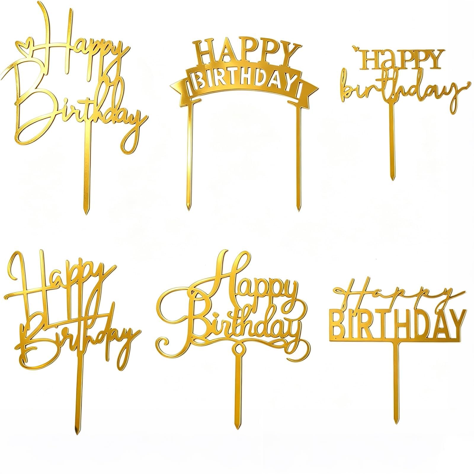 Gold Birthday Cake Toppers - 6 Pack -1 Gold Birthday Cake Toppers - 6 Pack -1