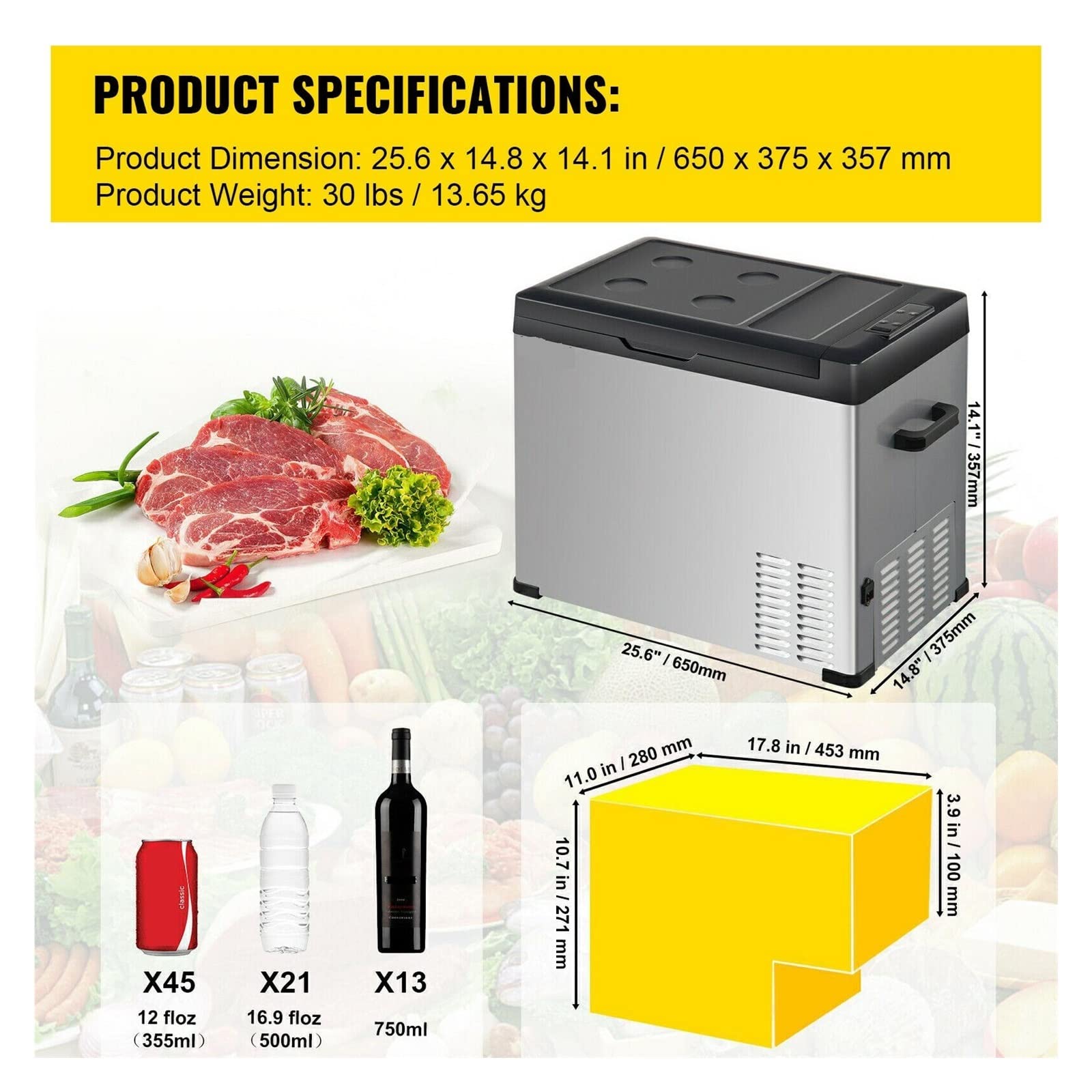 Mini refrigerador portátil for Coche de 30L, 40L, 50L, 12/24V CC, 110-240 CA, for Uso al Aire Libre, RV, Barco, Camping, Viajes(30L 32QT)