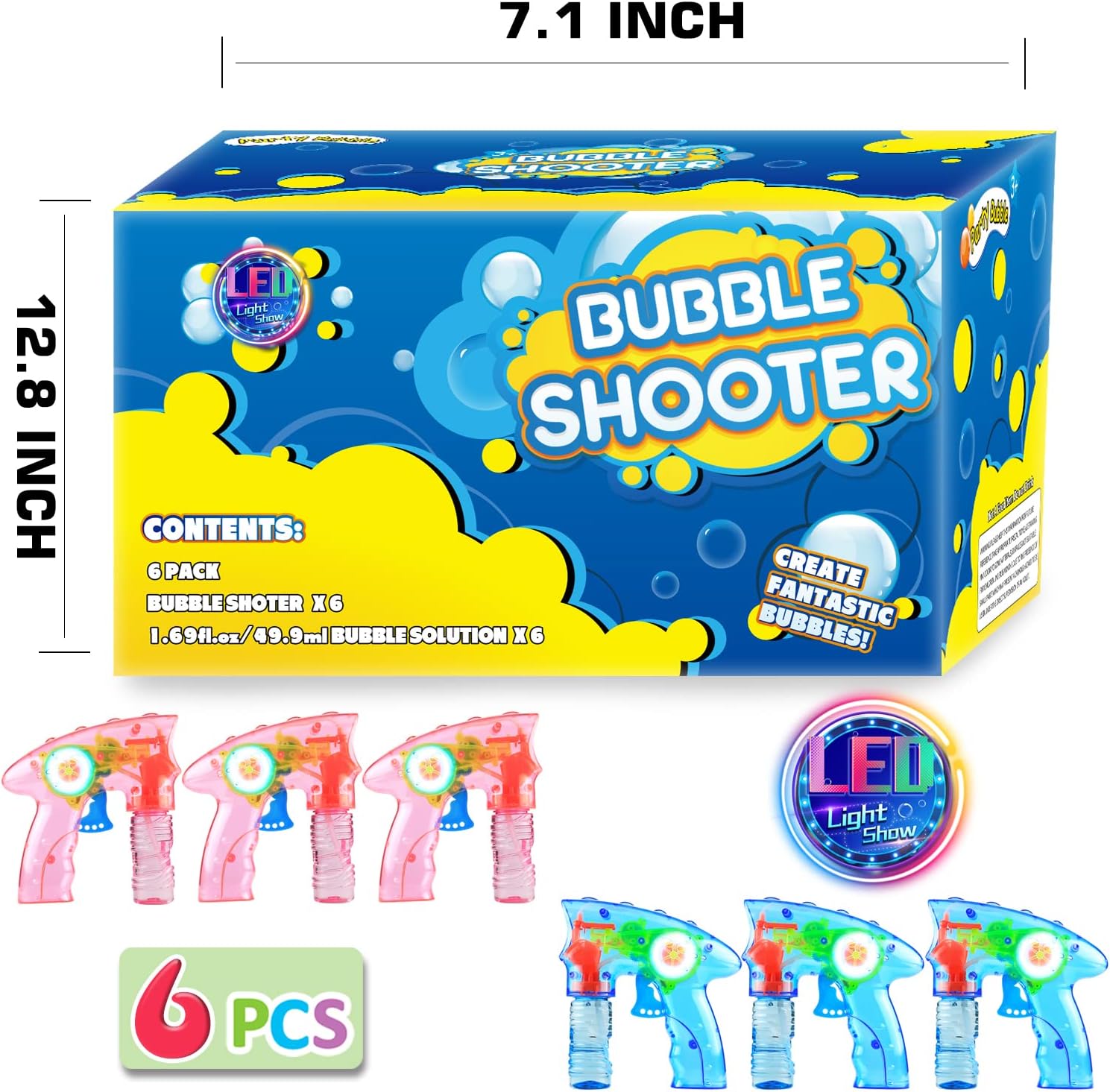 6 Pcs Bubble Gun Shooter LED Light up(no Batteries Needed), Wind up Operated Bubbles Blaster Blower with Bottle Solutions, Bubble Blowing Toy kit for kid Boy and Girl Outdoor Summer Game Party Favor
