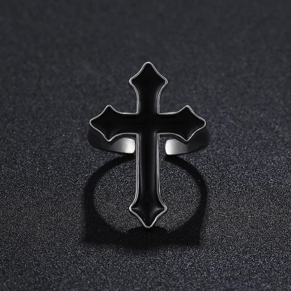 Punk Black Cross Faith Statement Open Ring for Women Men Unisex Expandable Enamel Prayer Blessed Adjustable Finger Rings Band Vintage Gothic Jewelry Gifts Engagement