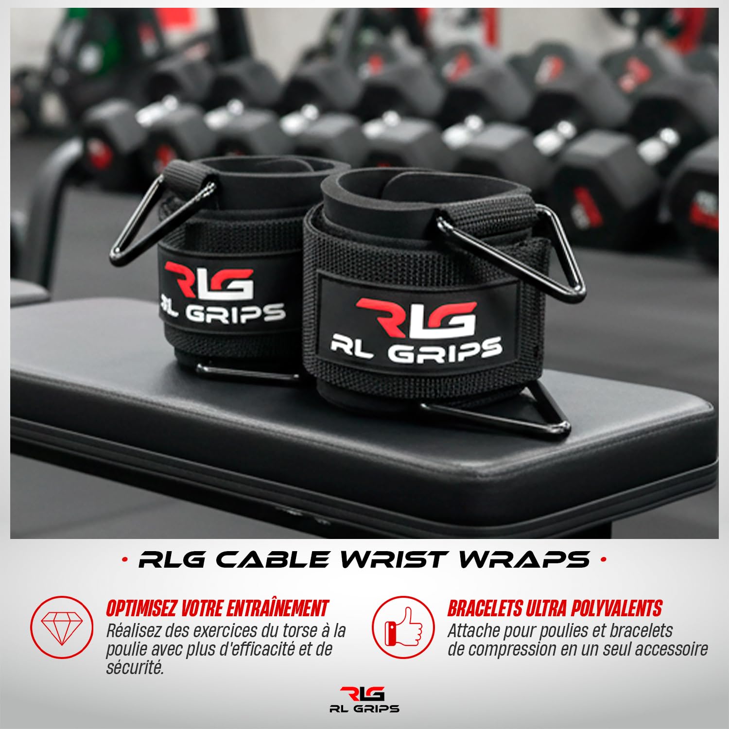 RL Grips Cable Wrist Cuffs pour Poulie – Manchettes de Poignet Réglables avec Anneaux Métalliques – Accessoire pour Machine à Câble Musculation, Fitness et Entraînement