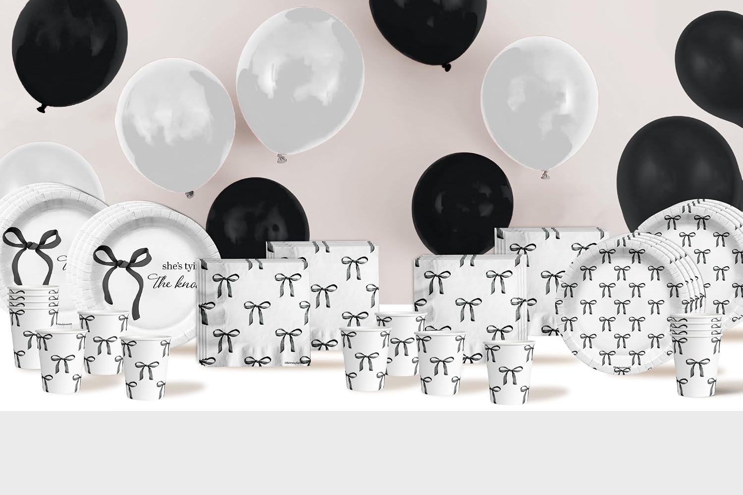 She's Tying The Knot Bridal Shower Party Supplies - 64 Piece Black Bows Bridal Shower Tableware Set Includes Large 9" Dinner Plates and 8" Dessert Paper Plates Napkins Cups - Kit for 16