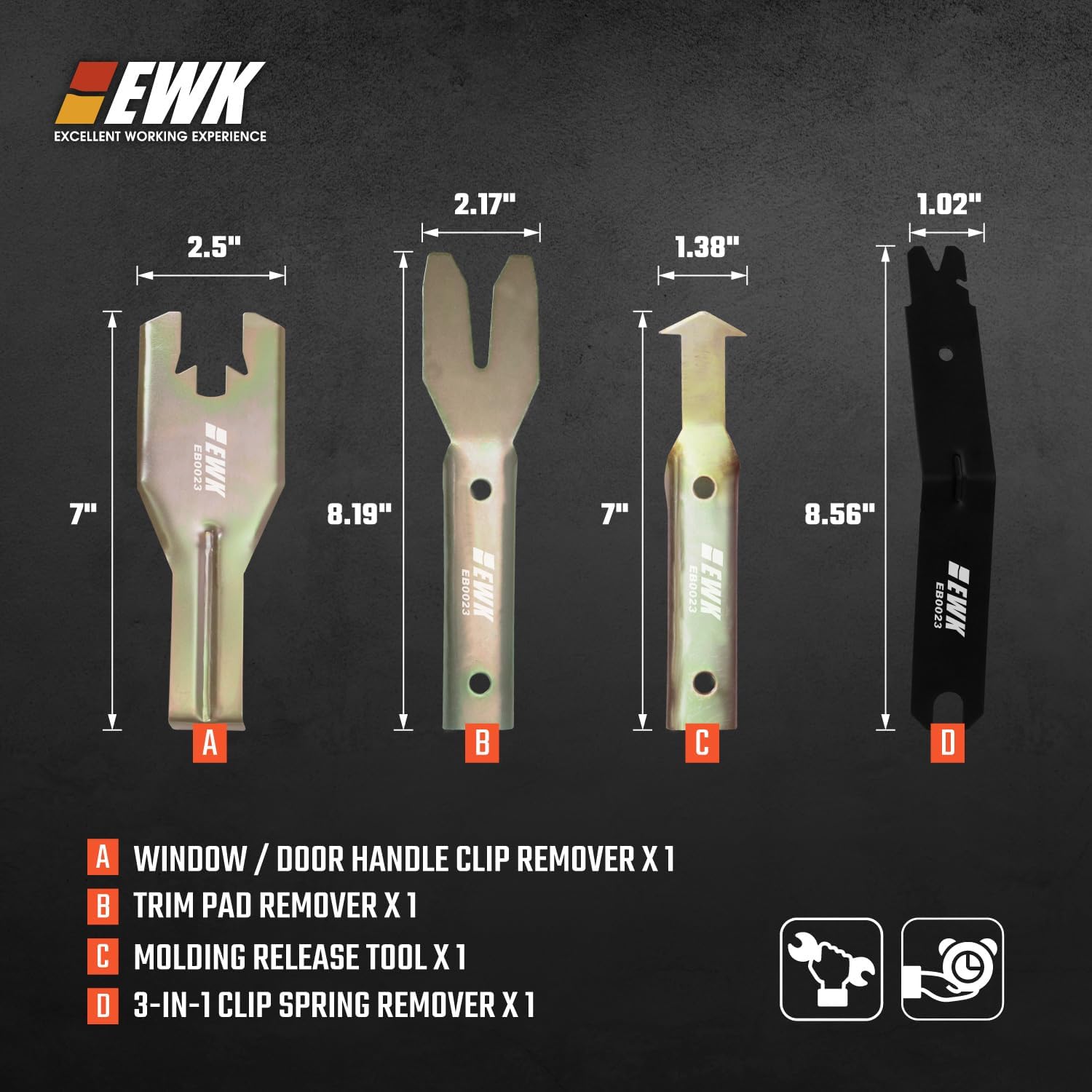 EWK 4-Piece Metal Trim Removal Tool Set, Car Door Panel Clip Puller and Pry Tool Kit for Auto Interior Trim, Dash Panel, Audio Board, Window Crank, Molding and Fastener Removal