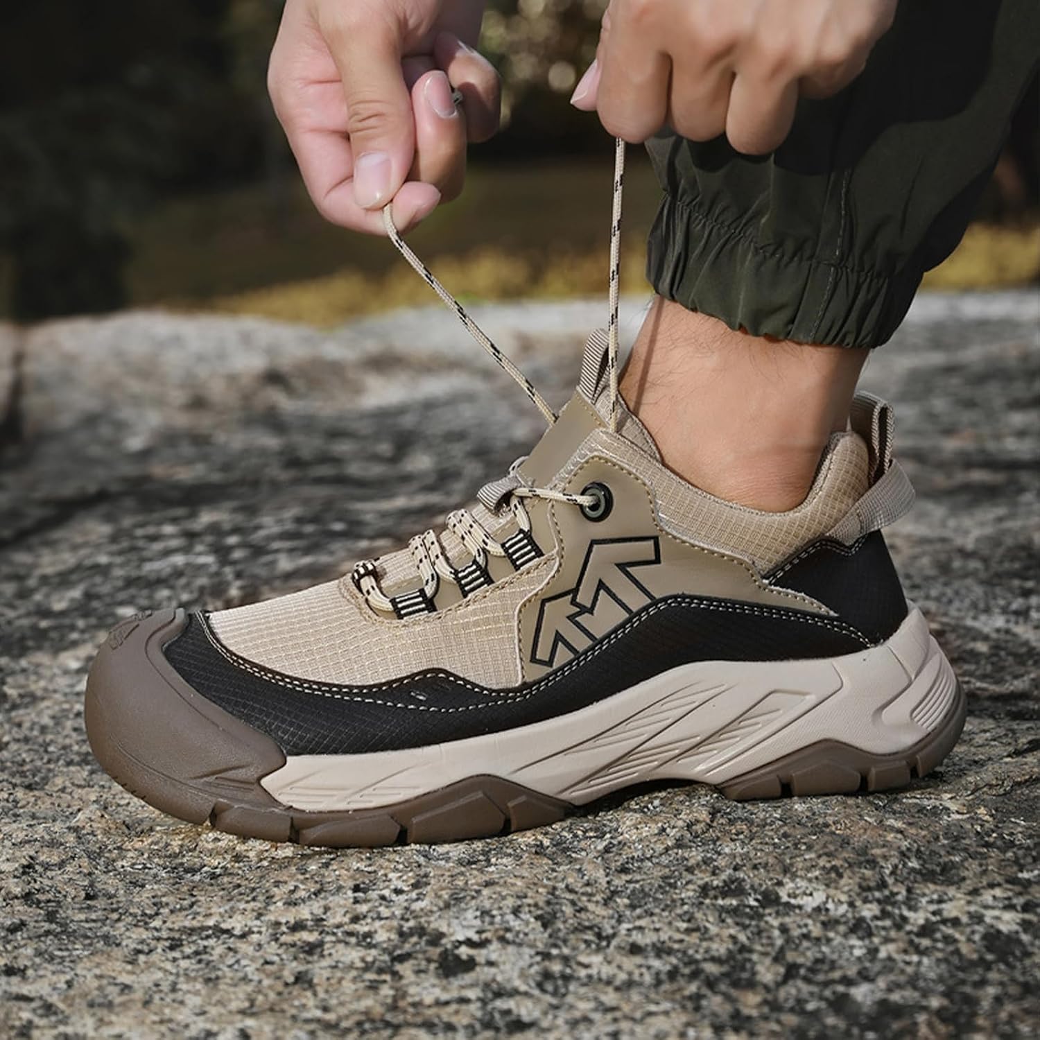 Men's Breathable Mesh Lace-Up Trekking Tactical Sneakers, Comfortable Anti-Collision Round-Toe Jogging Leisure Shoes, Outdoor Non-Slip Wear-Resistant Hiking Shoes, with Arch Support