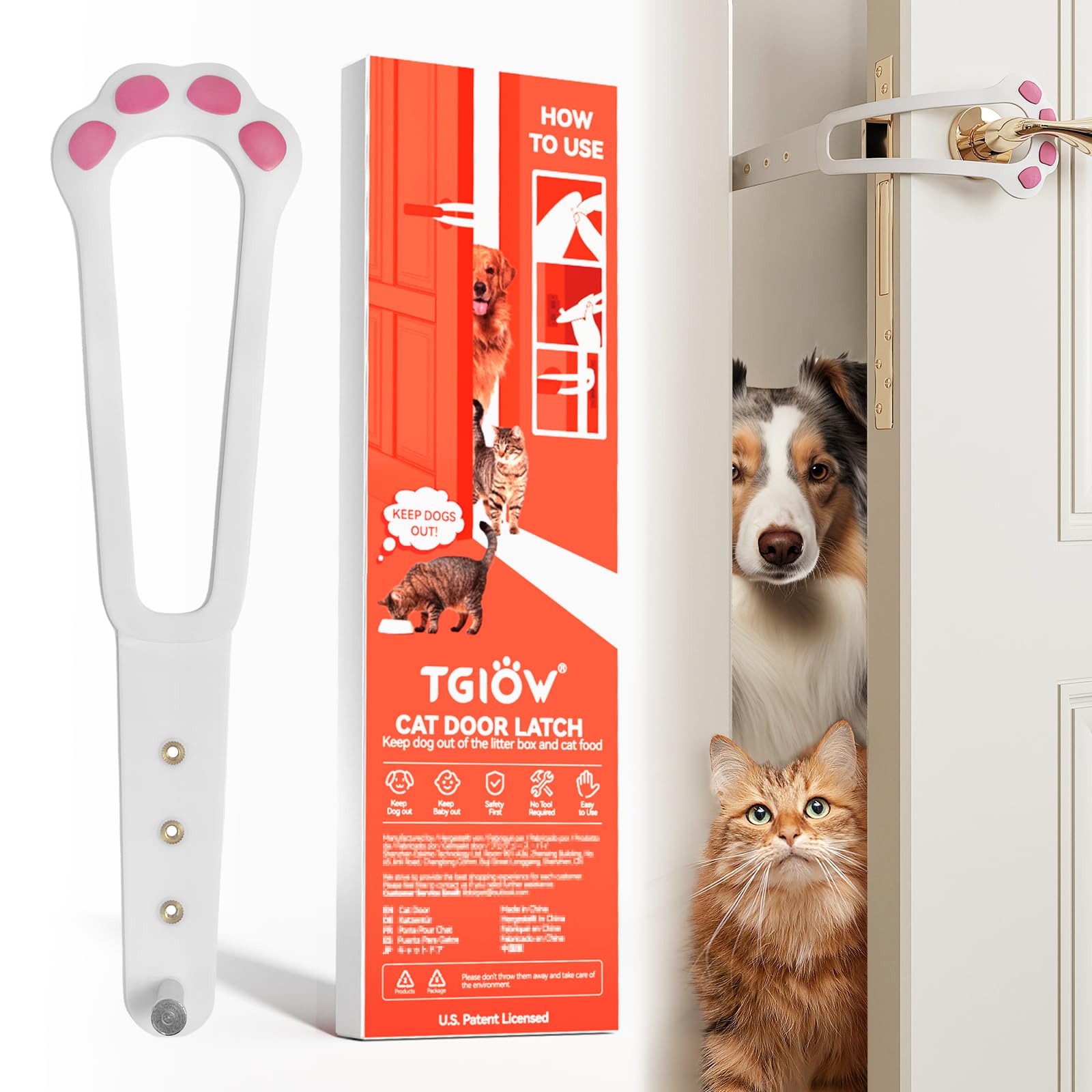 TGIOW Cat Door Latch, 1 Pcs Cat Door Stopper Pet Door Latch to Keep Dog Out of Litter Box and Food, Door Prop for Cat with 4 Adjustable Size Strap 2.2