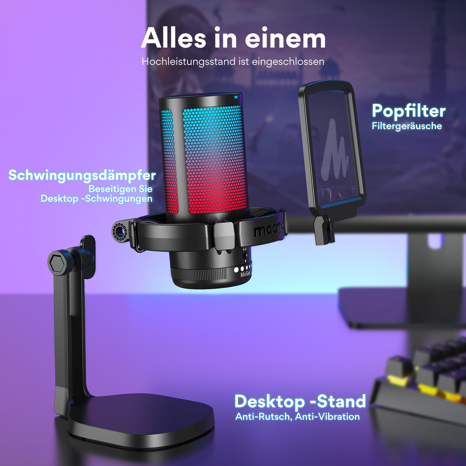 MAONO Microfono Gaming RGB, Microfono a Condensatore con Cancellazione del Rumore per Streaming Podcast Studio, Microfono USB per PS5/PS4/Mac - Luce RGB, Disattivazione One-Touch, Controllo Guadagno