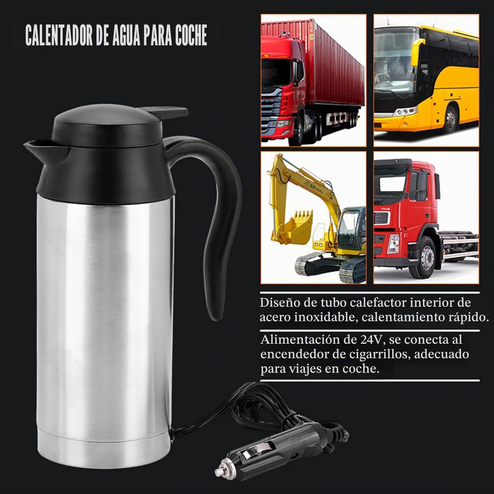 Hervidor Eléctrico de Acero Inoxidable para Coche, Hervidor de agua portátil de 750ml 24V para agua caliente, café, viajes y uso doméstico