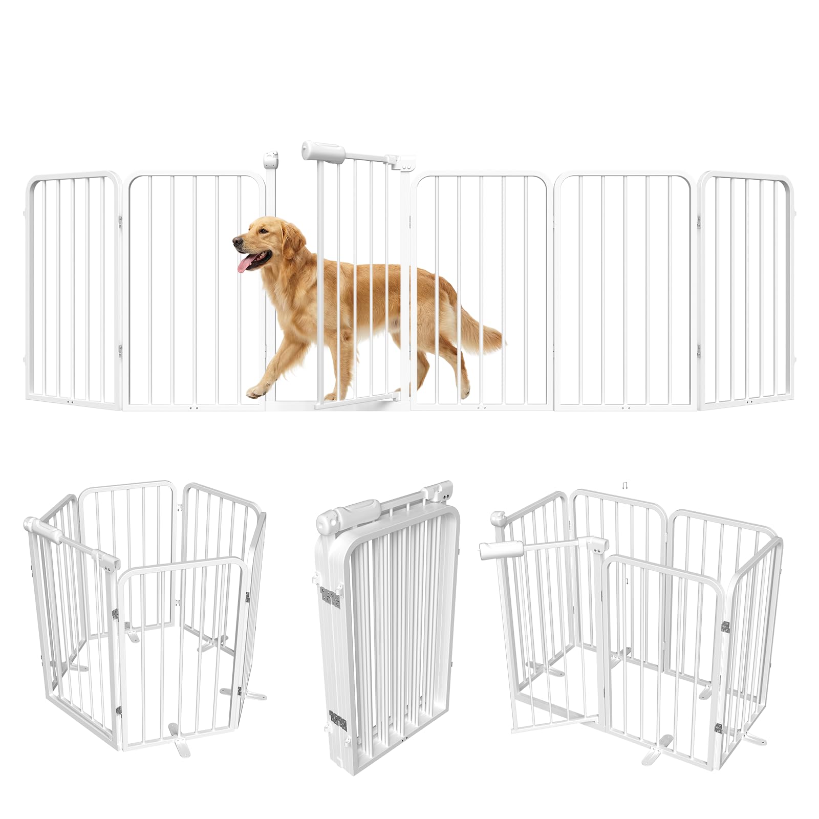 Xifamniy Freistehendes Hundegitter mit Tür, faltbarer Metallzaun, für drinnen und draußen, extra breit, 6 Paneele, 76,2 cm hoch, 274,4 cm breit, mit Stützfüßen für Türen, Weiß