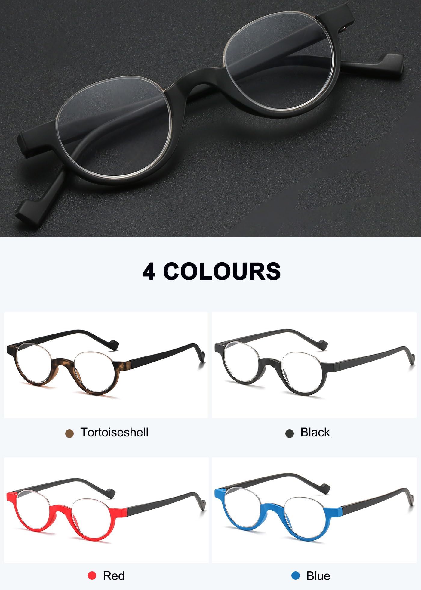 Mode Halbrand Lesebrille Damen Herren Halbrund Klein Halbrahmen Halbbrille mit Stärke Federscharnier Retro Halbmond Lesehilfe Sehhilfe