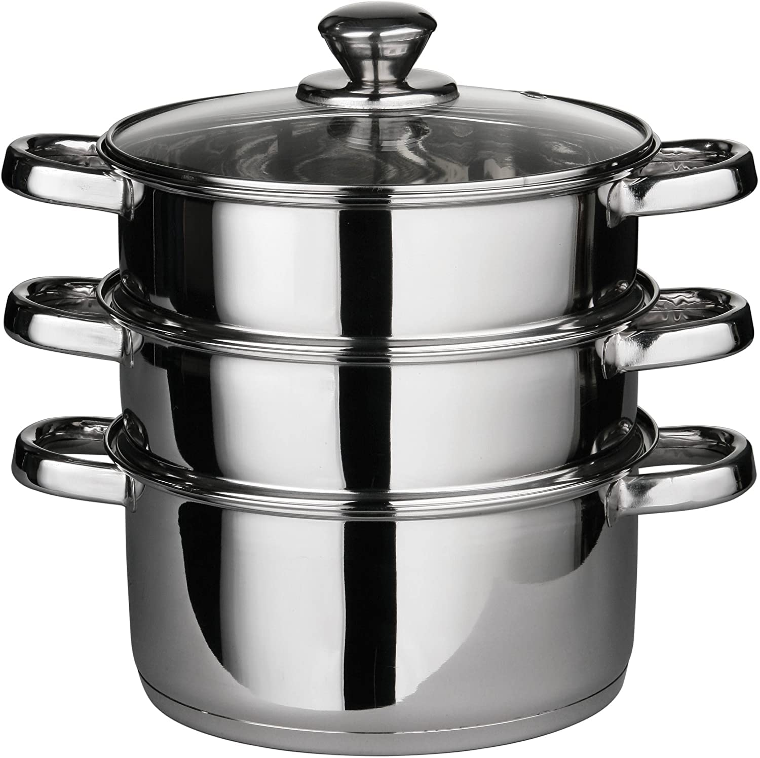 3pcs Stainless Steel Streamer Cooker Pot with Glass Vented Lid, Induction Ready (24 cm -3 Tier Streamer)