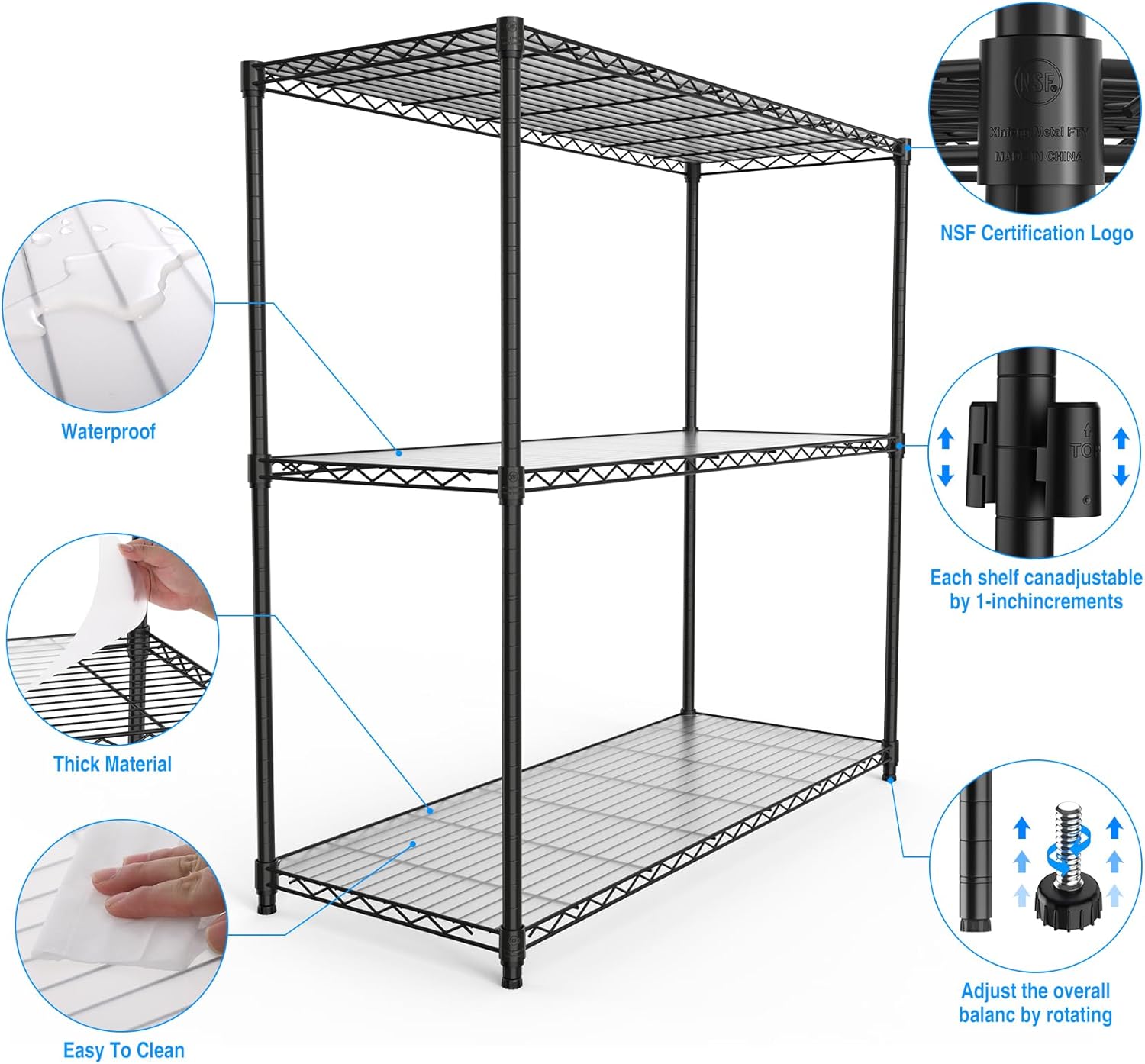 3 Tier Metal Shelf Wire Shelving Unit, 1050lbs Adjustable Wire Rack with Shelf Liners, Standing Storage Shelves for Closet Kitchen Garage Basement Home Office, 48" H x 48" L x 18" D (Black)