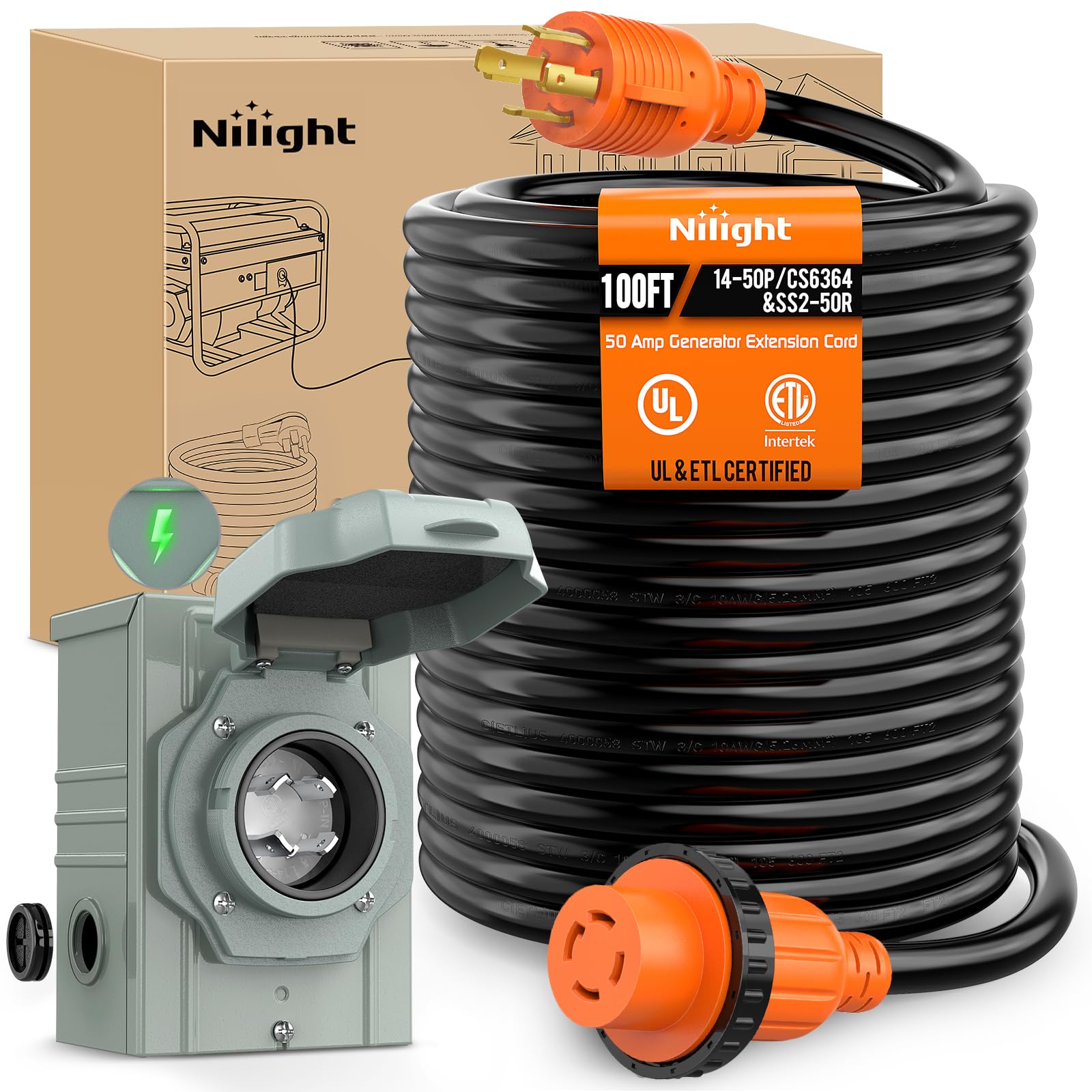 Nilight 30A 100FT Generator Extension Cord Power Inlet Box for RV Camper
