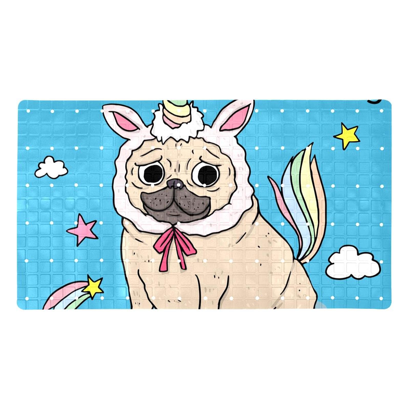 Alfombrilla de baño antideslizante Pug Unicornio con ventosas para bañera y ducha de hotel