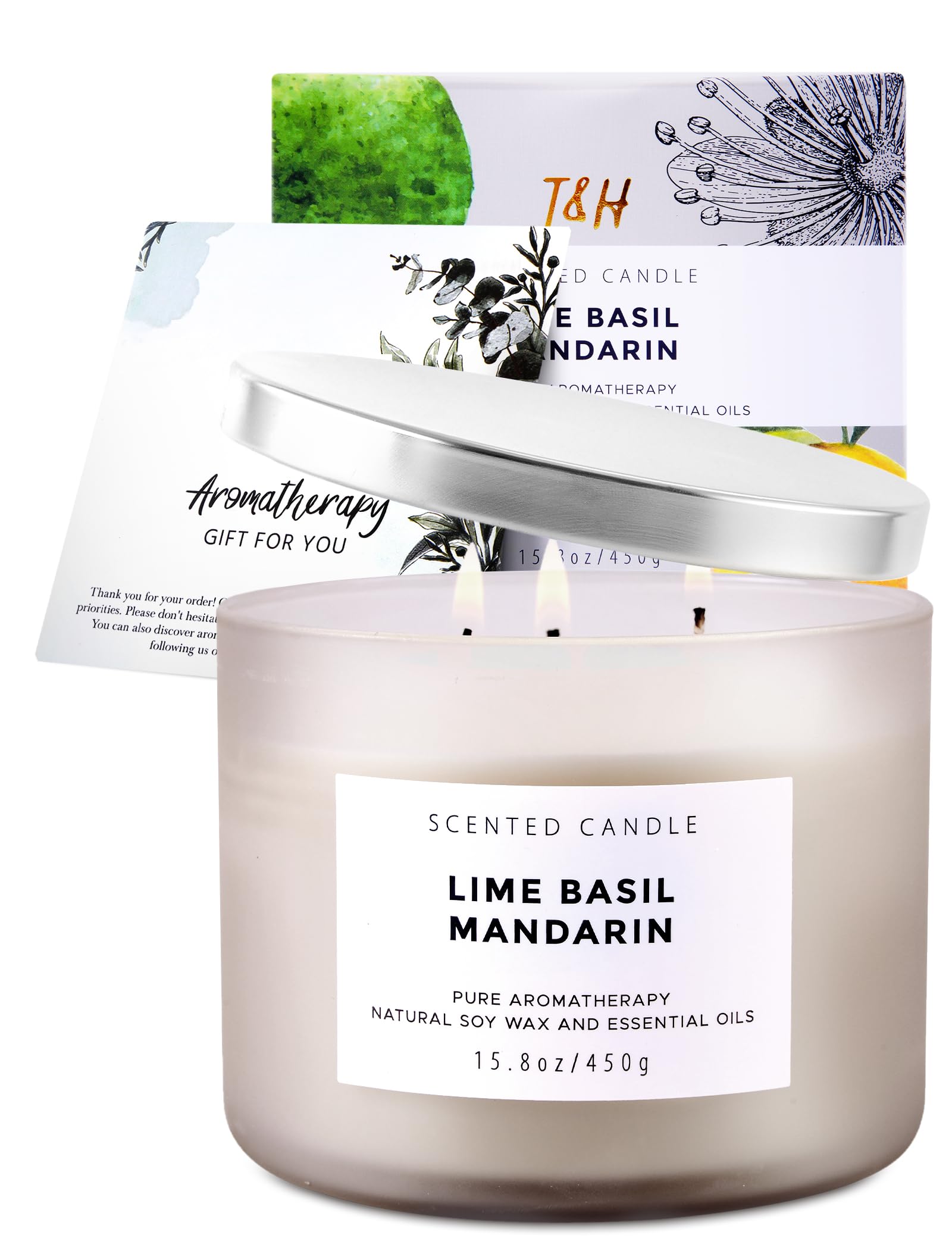 Candela di soia con 3 stoppini al lime, basilico e mandarino, candela profumata per la casa, fragranza pulita e a lunga durata, fragranza di erbe fresche e agrumi, pronta per il regalo