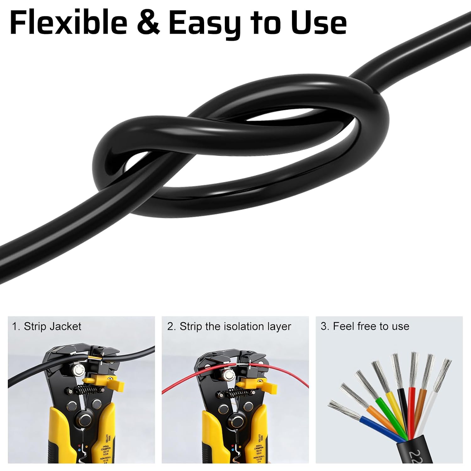 22 Gauge 8 Conductor Electrical Wire, 100FT Stranded Tinned Copper Cable, 22AWG 8 Wire Cord with Black PVC Jacket, Extension Low Voltage Cable for LED Lighting, Automotive, Speaker, Audio, Power