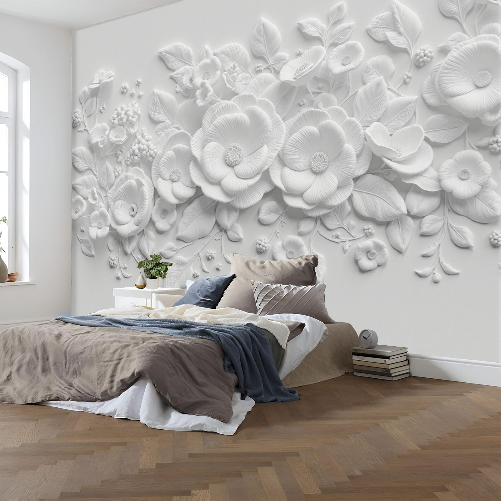 Fototapete Vlies Tapete 3D Effekt Fototapeten Einfarbiges Blumenrelief Vliestapete Einfache Pflanzen Tapeten Weiß Moderne Wandtapete, Wohnzimmer, Tv Hintergrund Deko, 300X210Cm (B×H)