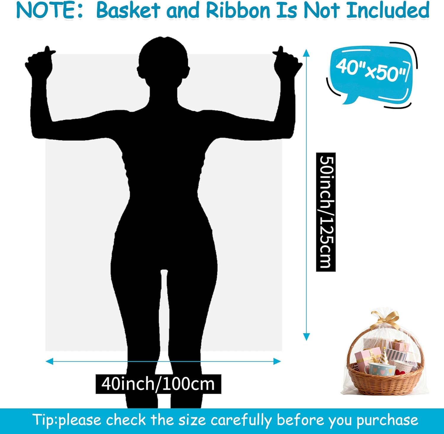 ZYLOP Extra Large Cellophane Bags for Gift Baskets 40x50 Inch - 6 Pack 2.8 Mil Thick Jumbo Clear Plastic Wrap, XL Cello Wrapping Bag, Clear Cellophane Gift Bags for Easter, Raffle Baskets, Wedding - Image 2