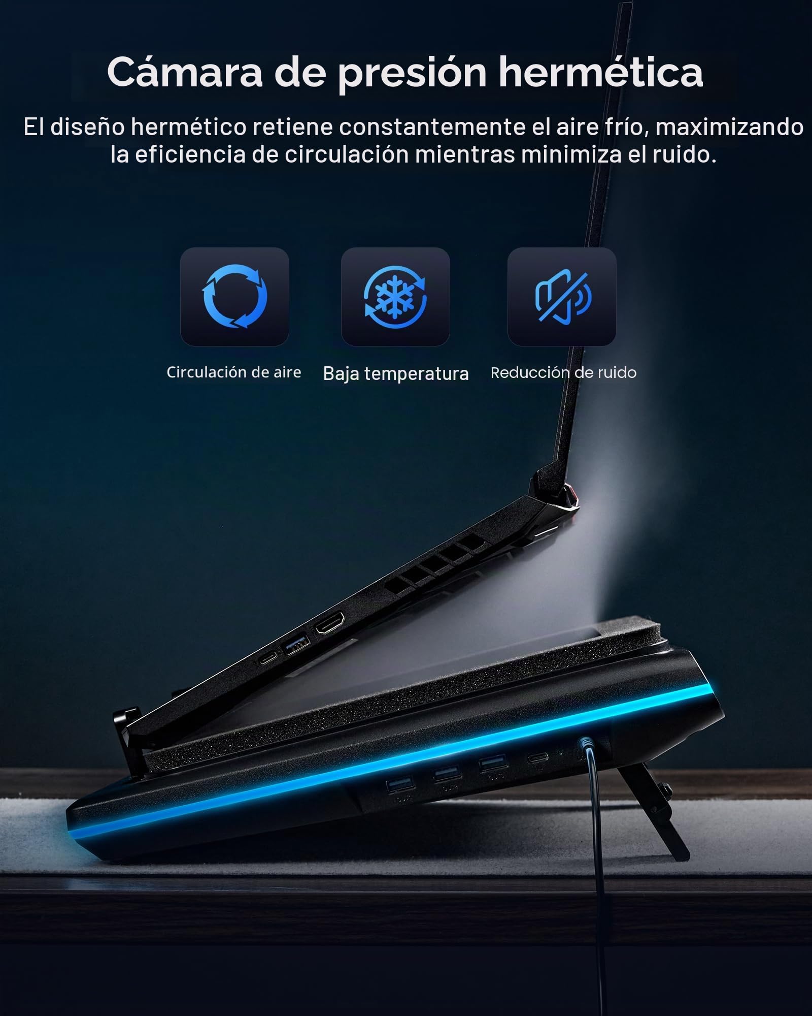 llano V12 Ultra Base Refrigeradora para Laptop con Control de Software Inteligente, Soporte Ventilador RGB para Laptop Gaming, Ventilador Turbo 5.5", 3 *USB 3.0 para Laptops de 15.6" a 19"