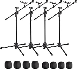 AW 4 Packs Microphone Boom Arm Stand Dual Mic Clips Adjustable Tripod Phone Holder for Performance Singing Wedding Stage and Outdoor