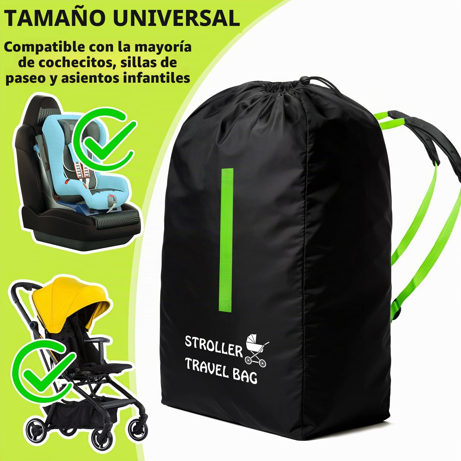 Funda Protectora de Viaje para Cochecito y Silla de Coche, Bolsa de Transporte Grande 120x63x43cm para Avión o Coche, Se Adapta a la Mayoría de Modelos | Funda impermeable para avión, resistente 600D Oxford bolsa con correa de hombro ajustable para cochec