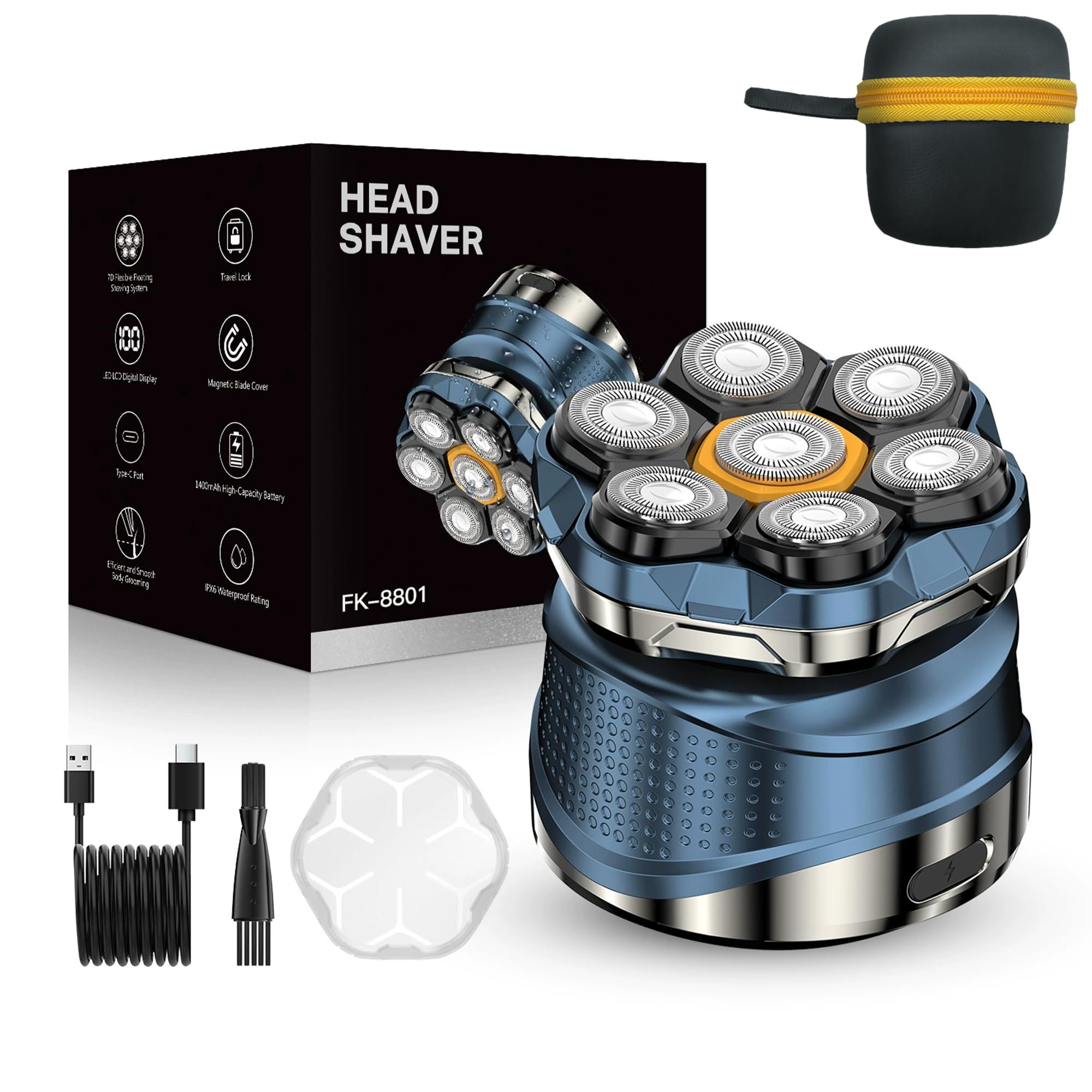 Rasoio elettrico per uomini calvi, impermeabile IPX7, con lame rotanti 7D, display a LED, kit per rasatura a secco e bagnato, per testa calva, corpo, barba, regalo ideale per uomini