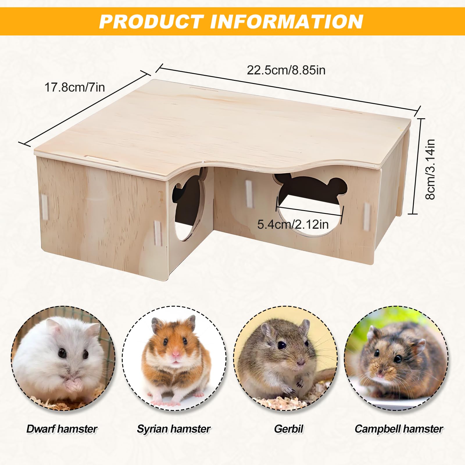 SenZee Maison pour hamster en bois, cachette multi-chambres en bois avec couvercle pour hamsters et petits animaux de compagnie
