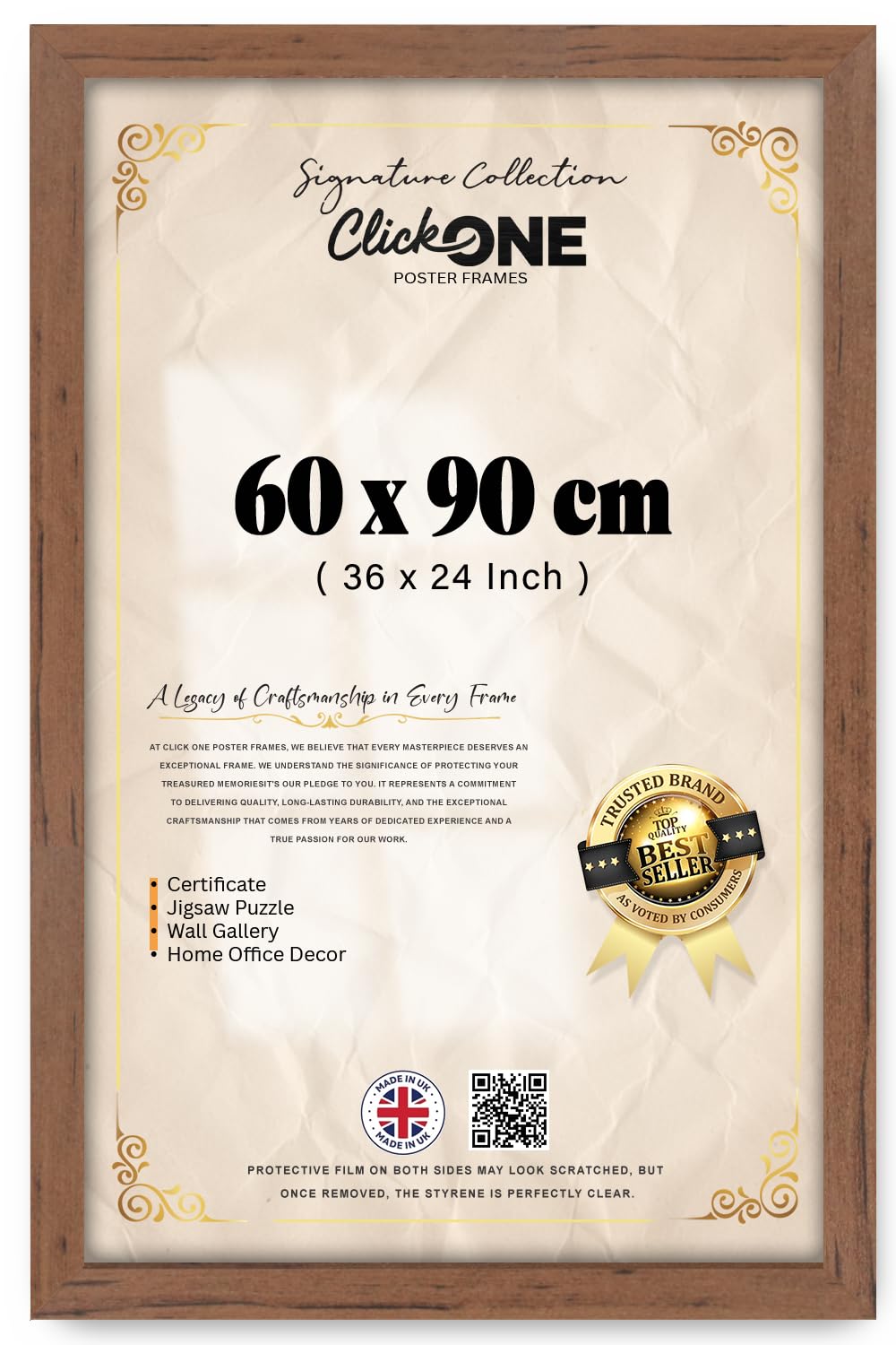 Click One Contemporary 60 X 90 CM Frame For Displaying Artworks And Photographs In Vertical Or Horizontal Orientation Featuring Warm Walnut Finish And Gallery Ready 36 X 24 Inch Border For Home