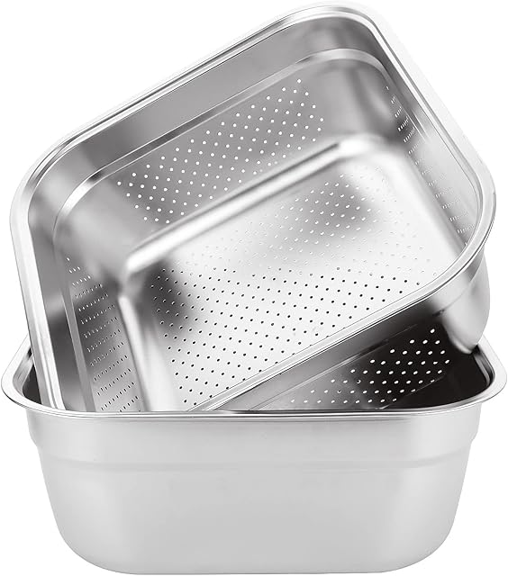 ASelected Washing Up Bowl & Strainer Bowl, 304 Stainless Steel Large Rectangular 10 Litre Colander Mixing Bowl Set, Washing Basin, Dishtub, for Vegetable Fruit Food Preparing, 33X33X13cm, 2 PCS