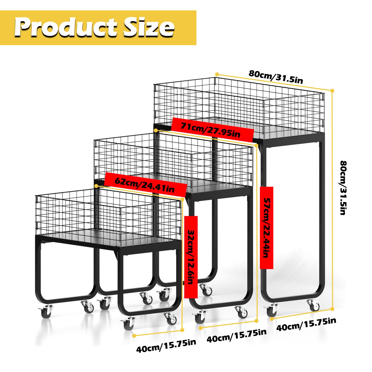 Lhysn 3-Tier Storage Rack Cart - Metal Shelving Unit with Wheels Kitchen Storage Garage Organizer Pantry Shelves Rolling Utility Shelf for Fruit and Vegetable Storage,Office/Bedroom/Basement