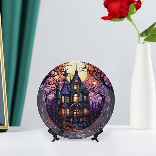 Miniatura 6 de Platos decorativos de Halloween, casa embrujada, noche de miedo, vitral, placa de cerámica para el hogar con soporte de exhibición, decoración para