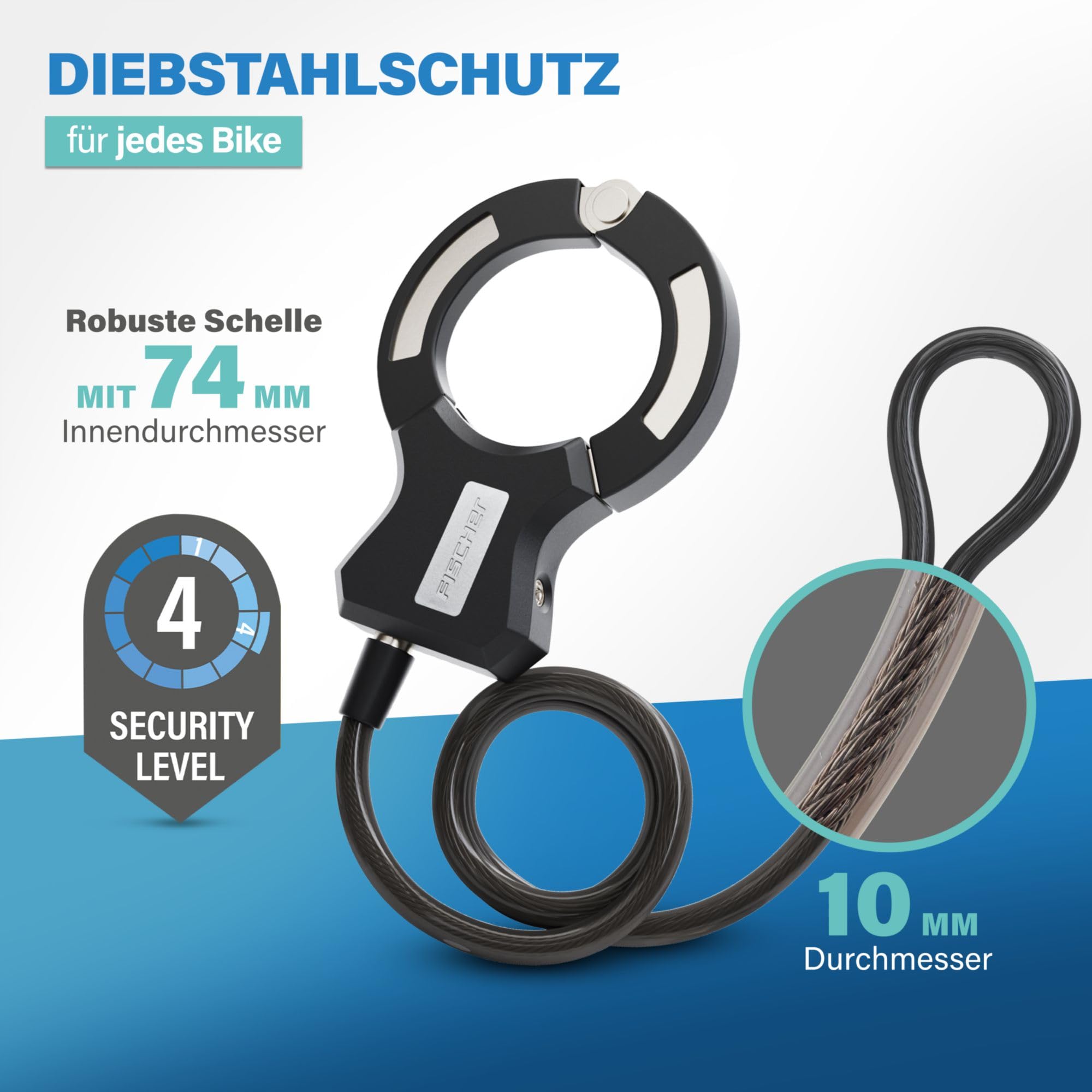 FISCHER Lucchetto a spirale per bicicletta, 120 cm, nero, con supporto, lucchetto con morsetto, per bicicletta elettrica, scooter elettrico