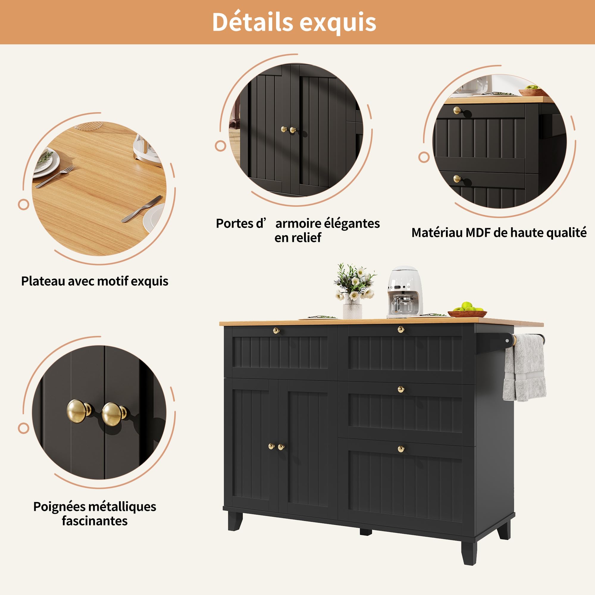 Bladez Isola cucina con ruote e piano estraibile, carrello cucina multifunzione con tavolo integrato, cassetti e ripiani, penisola cucina e scrivania angolare, mobile salvaspazio nero
