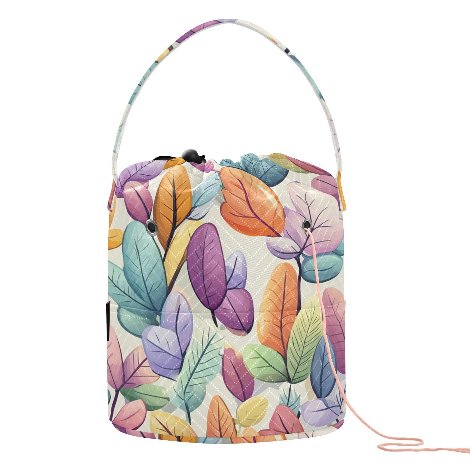 Cartoon Colorful Leaves Crochet Tote Bag Knitting Bags Totes with Holes Storage Bag for Knitting Needle Knitting Storage