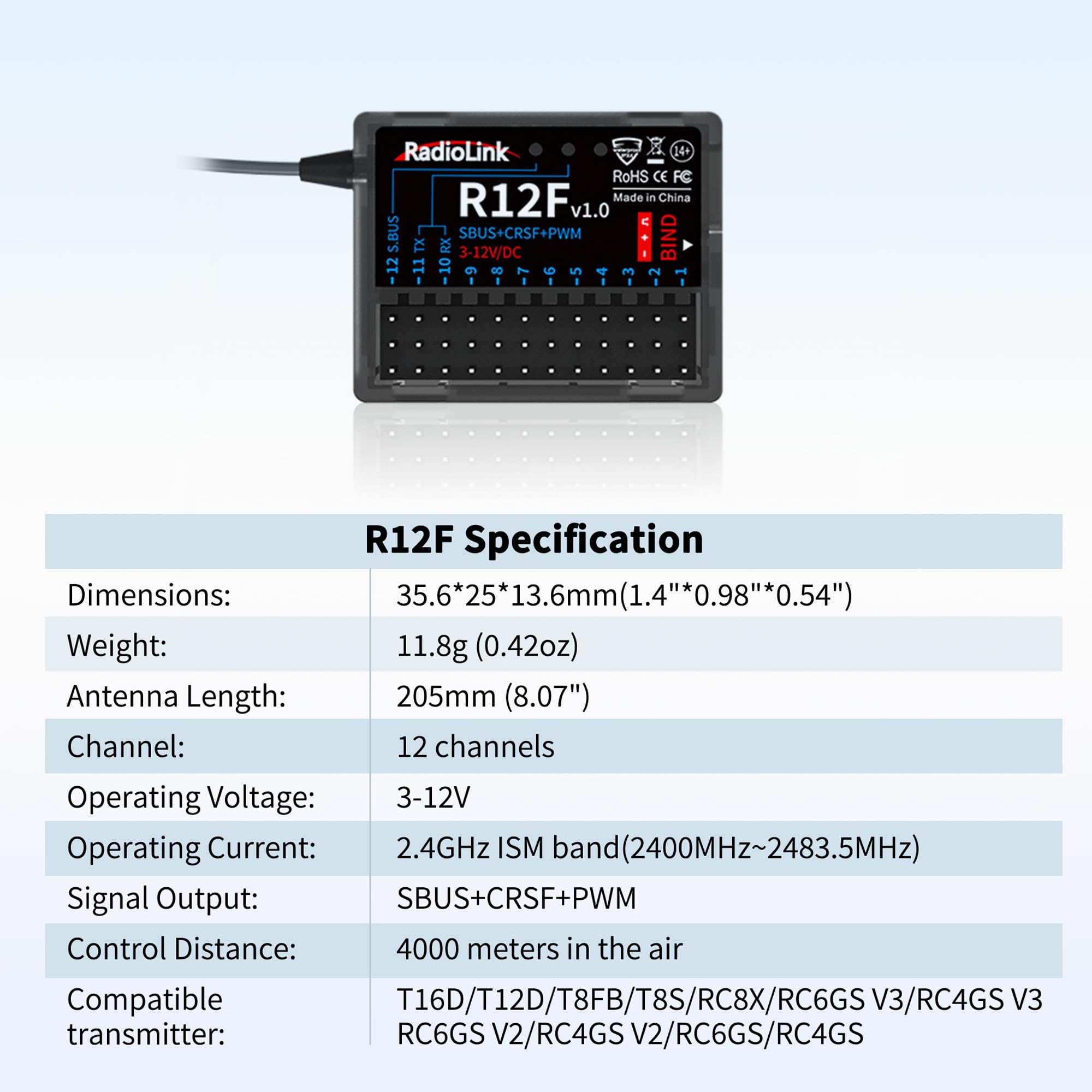 Radiolink R12F Récepteur RC 12 canaux 2,4 GHz compatible avec émetteurs T16D/T12D/T8FB/T8S/RC4GS V3/RC6GS V3, idéal pour avions télécommandés, jets, voitures, bateaux et robots