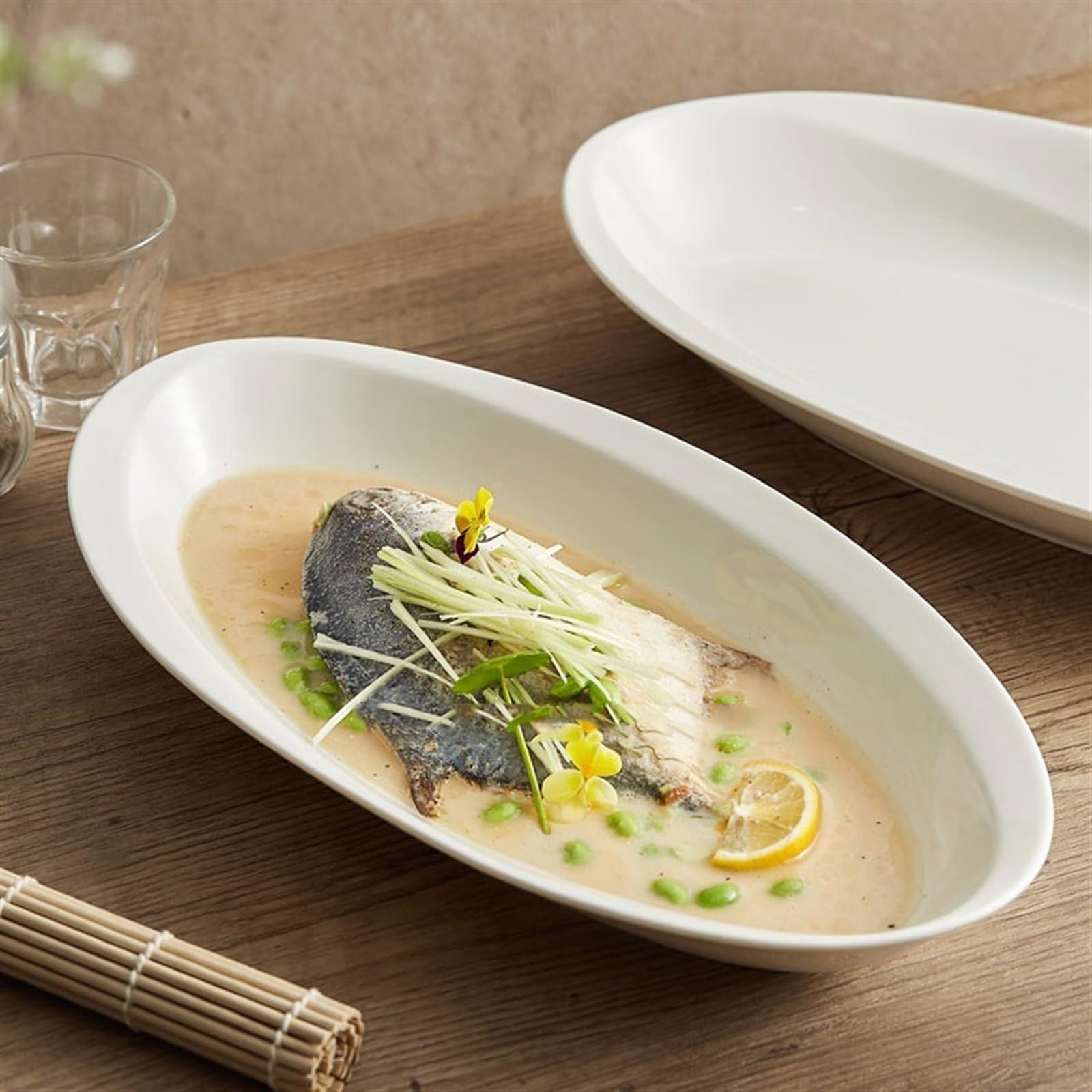 Platos Llanos Plato de Pescado al Vapor Gran tamaño, Porcelana Blanca, sensación Premium, Plato Langosta Ovalado for Restaurante Hotel, Hondo | [](16 inch)