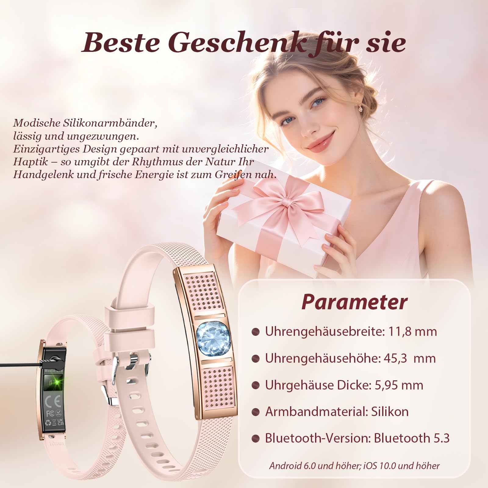 findtime Bracelet de fitness pour femme avec incrustation de cristal, bracelet intelligent, fin, fréquence cardiaque, sommeil, suivi du cycle de sommeil, podomètre, bracelet intelligent avec bracelet