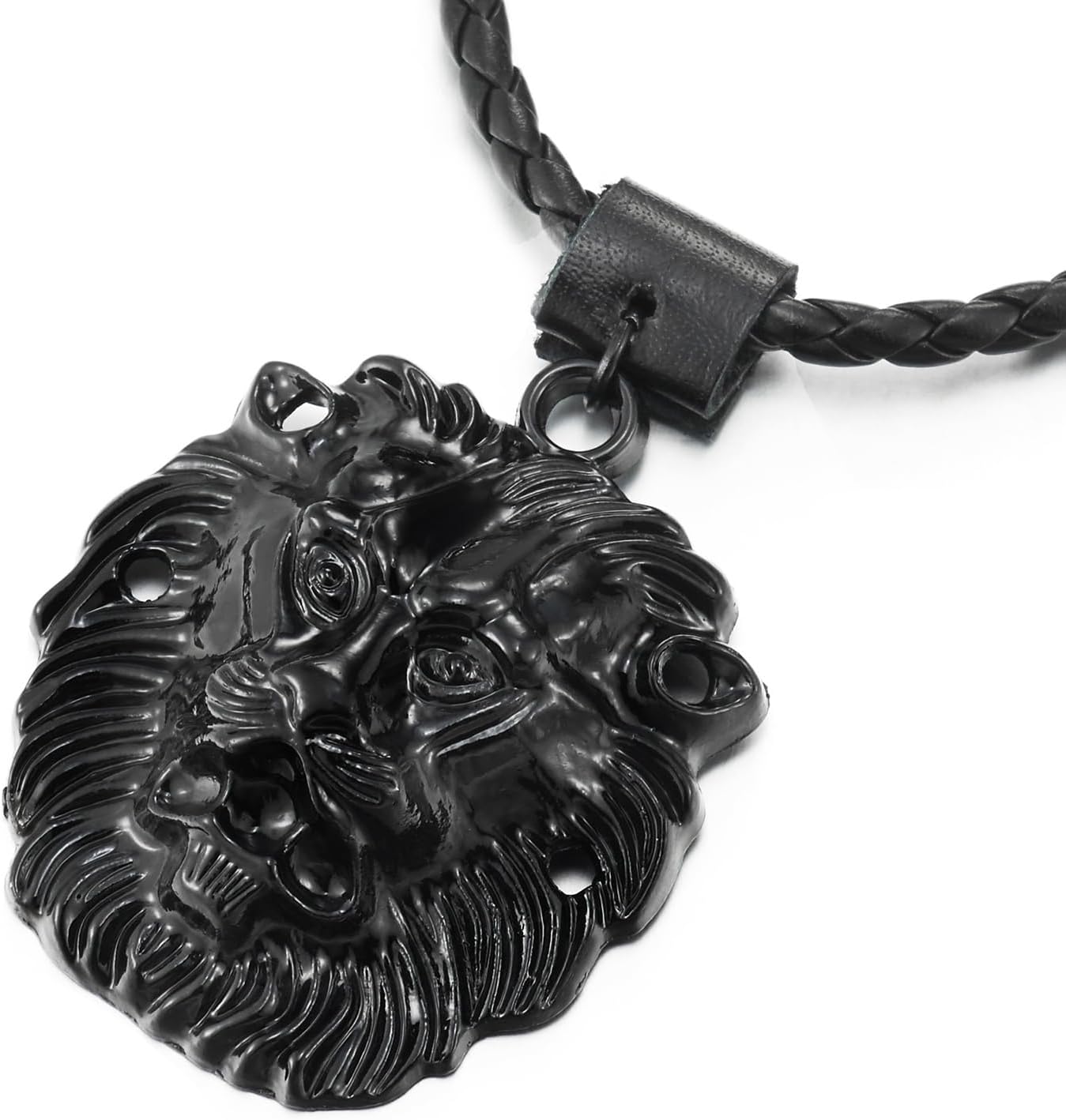 COOLSTEELANDBEYOND Black Lion Head Pendant Necklace for Men, Black Leather Necklace Braided - Image 3