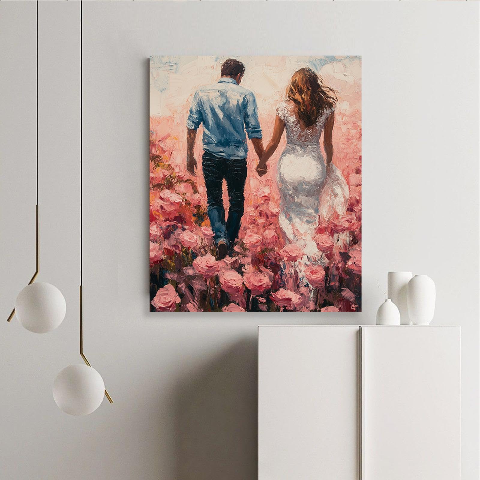 CHERHERART Para w polu kwiatowym, obraz ścienny, romantyczna natura, plakat z nadrukiem, dzieło sztuki, do salonu, przedpokoju lub nowoczesnego mieszkania, 75 x 100 cm, rama wewnętrzna