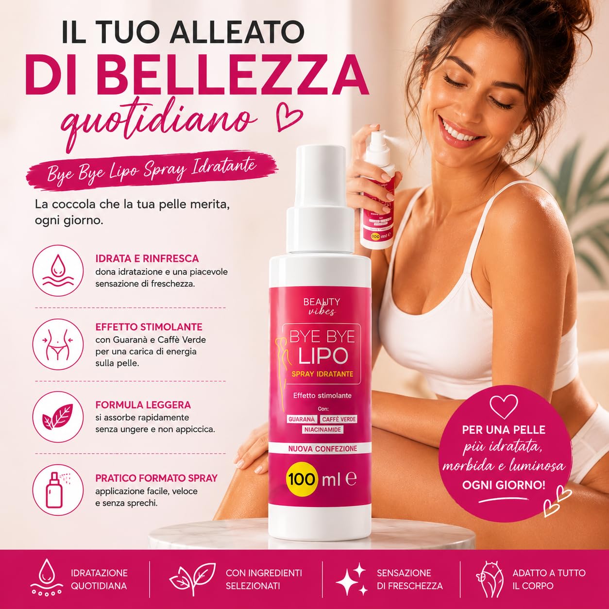 Bye Bye Lipo Spray Anticellulite 200ml | Trattamento Snellente e Tonificante, Niacinamide, Attivi Rassodanti Corpo