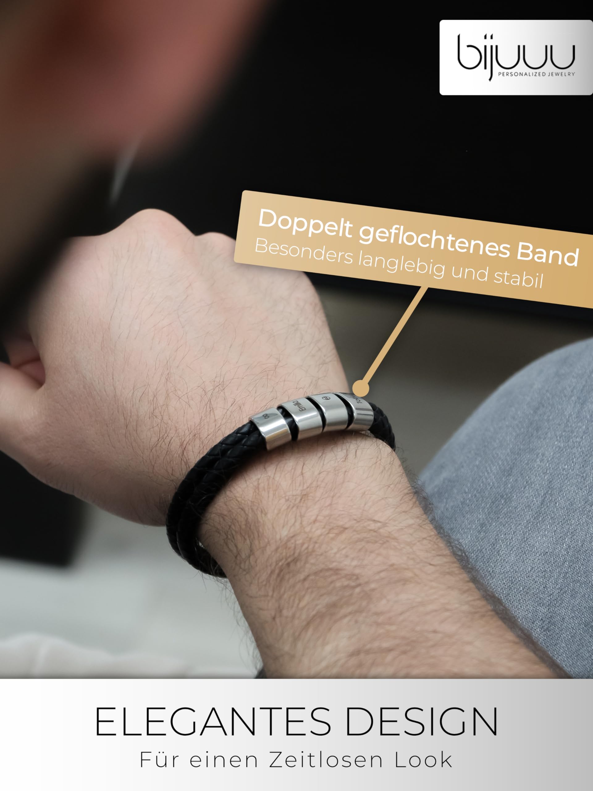 bijuuu Lederarmband Herren – Echtleder Armband mit Namen – Flechtarmband aus Leder inklusive Gravur – Namensarmband personalisiert – Geschenke für Männer – Edelstahl – Silver Beads