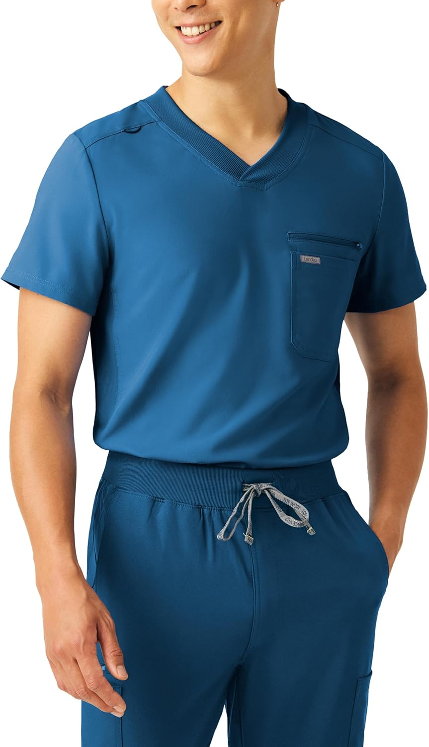 Landau Forward Men’s Tuckable Tailored Fit 2-Pocket Stretch V-Neck Scrub Top with Rib-Knit Panels LT111
