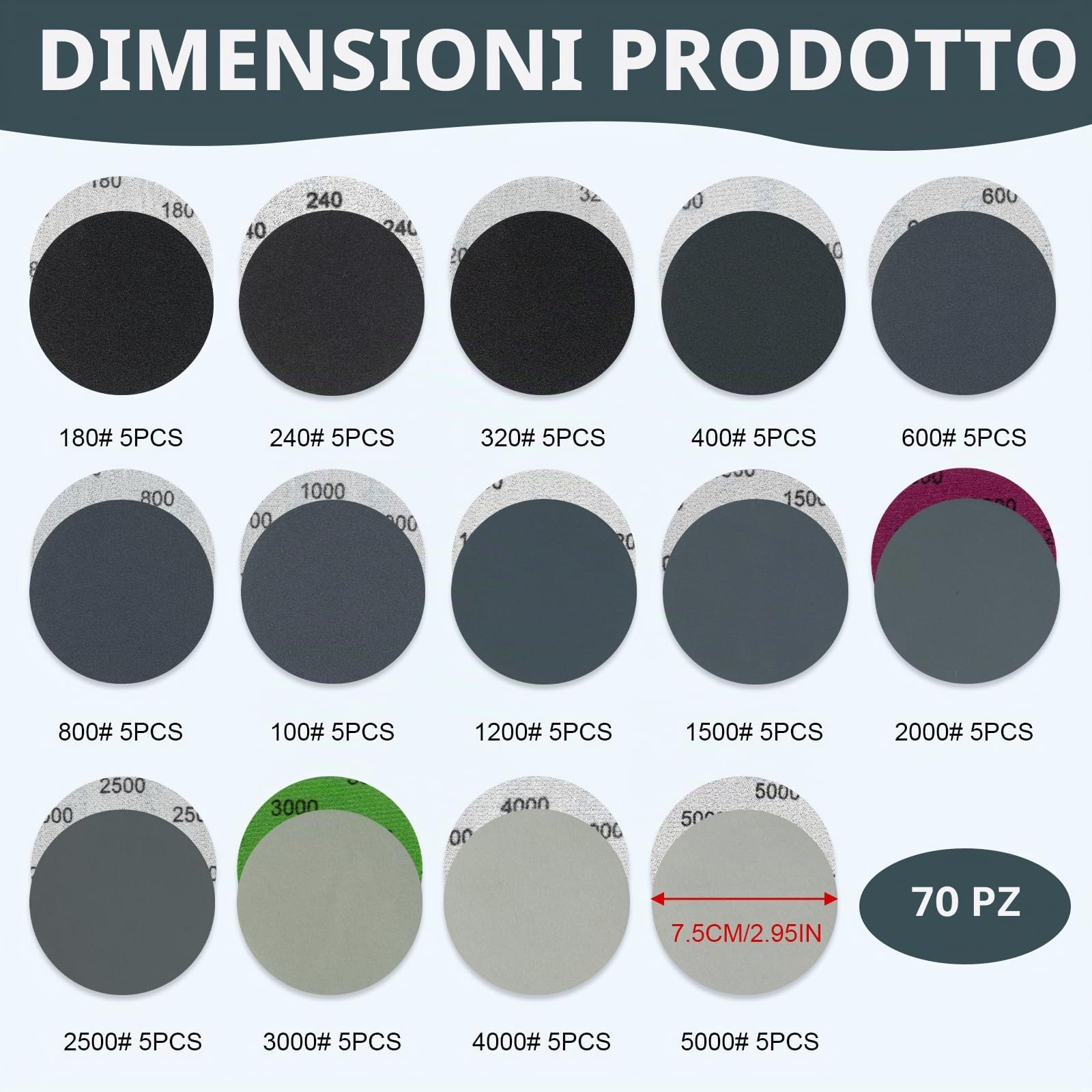 70 Pezzi Dischi Abrasivi 75mm Dischi Abrasivi Auto-Agrippanti Grana 180/240/320/400/600/800/1000/1200/1500/2000/2500/3000/4000/5000, Carta Vetrata Secca ad Acqua, per Smerigliatura Fresatura Incisione