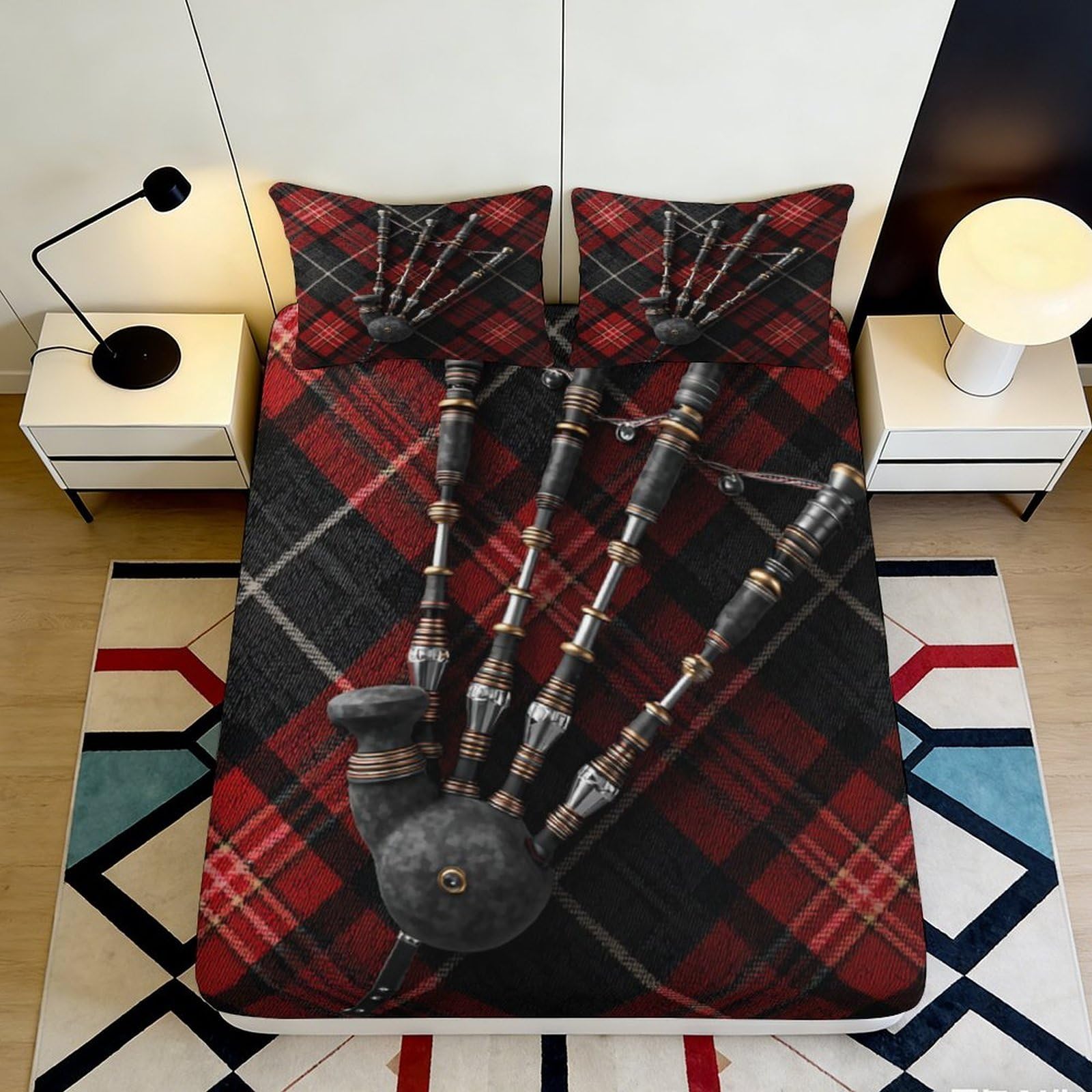 3D Printed Scottish Tartan Fitted Sheet Microfiber Soft Bagpipe Pattern Bed Cover for Bedroom Dorm Mattress Decor 90x200x25cm