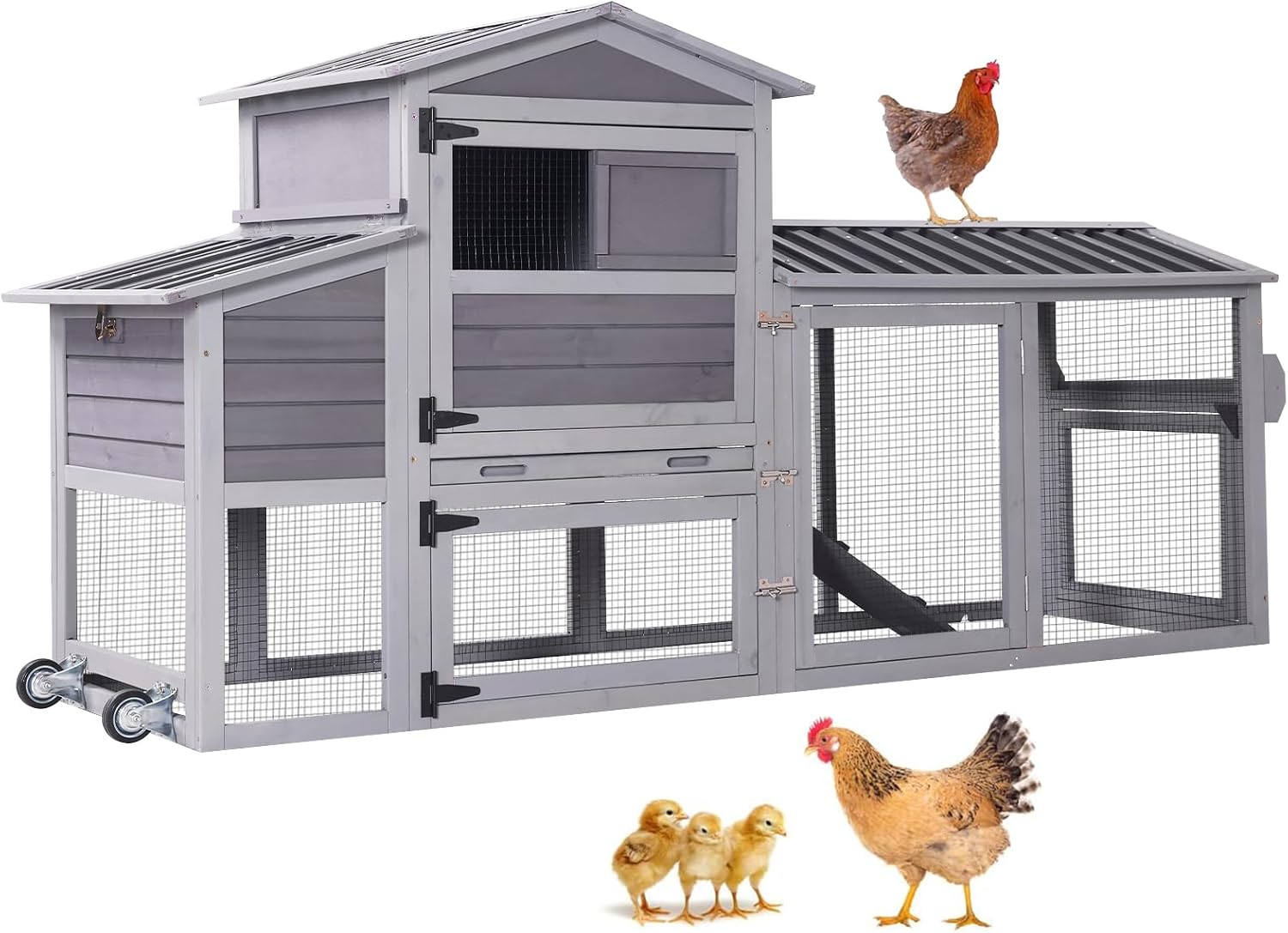Aivituvin 80in Mobile Chicken Coop with Wheels, Waterproof Nesting Box & Run - Outdoor Hen House for 2-4 Chickens