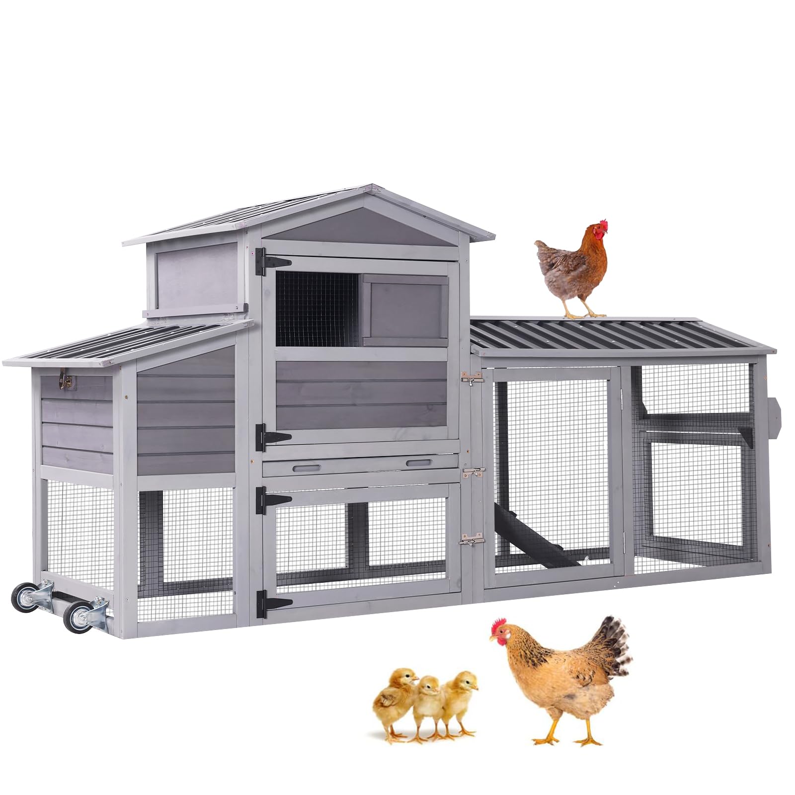 Aivituvin 80in Chicken Coop Mobile Hen House Outdoor Wooden Poultry Cage with Wheels Nesting Box Run